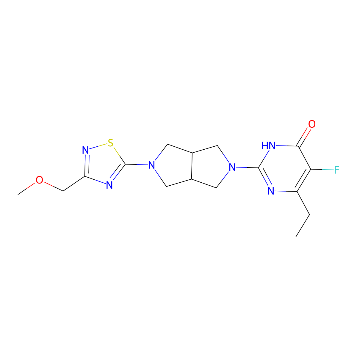 6-Ethyl-5-fluoro-2-{5-[3-(methoxymethyl)-1,2,4-thiadiazol-5-yl]-octahydropyrrolo[3,4-c]pyrrol-2-yl}-3,4-dihydropyrimidin-4-one molecular structure, CAS 2640935-73-3