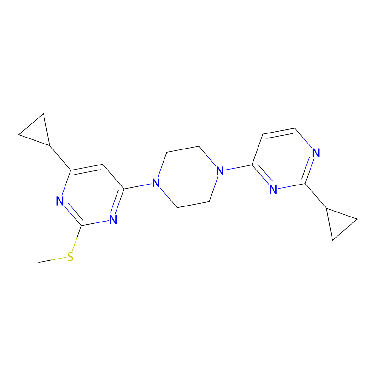 4-Cyclopropyl-6-[4-(2-cyclopropylpyrimidin-4-yl)piperazin-1-yl]-2-(methylsulfanyl)pyrimidine molecular structure, CAS 2640935-76-6