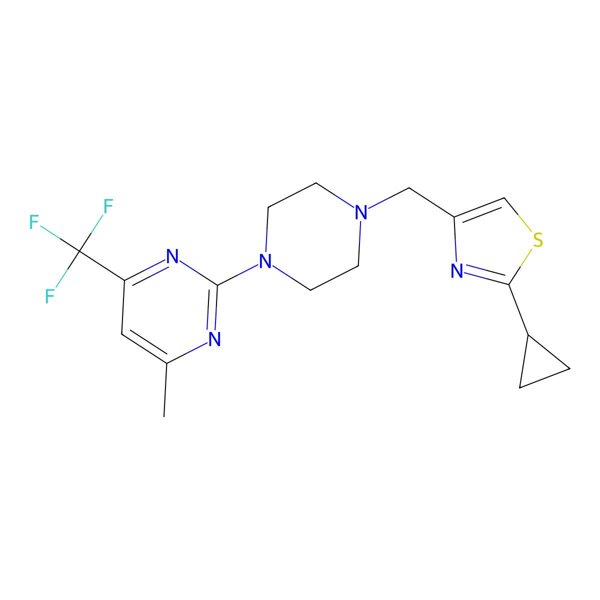 2-{4-[(2-Cyclopropyl-1,3-thiazol-4-yl)methyl]piperazin-1-yl}-4-methyl-6-(trifluoromethyl)pyrimidine molecular structure, CAS 2640935-77-7