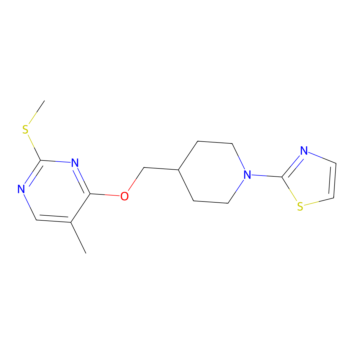 5-Methyl-2-(methylsulfanyl)-4-{[1-(1,3-thiazol-2-yl)piperidin-4-yl]methoxy}pyrimidine molecular structure, CAS 2640935-78-8