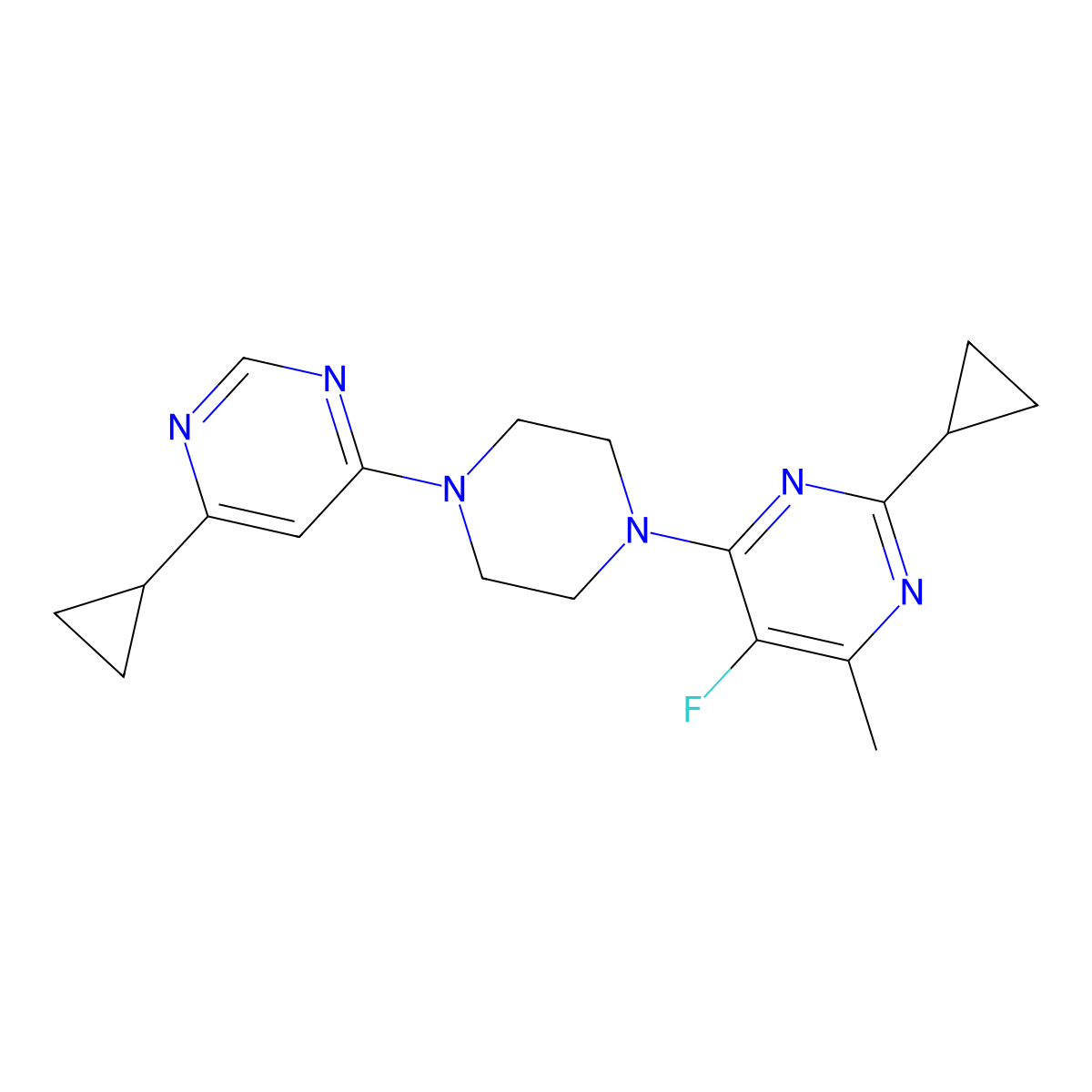 2-Cyclopropyl-4-[4-(6-cyclopropylpyrimidin-4-yl)piperazin-1-yl]-5-fluoro-6-methylpyrimidine molecular structure, CAS 2640935-80-2