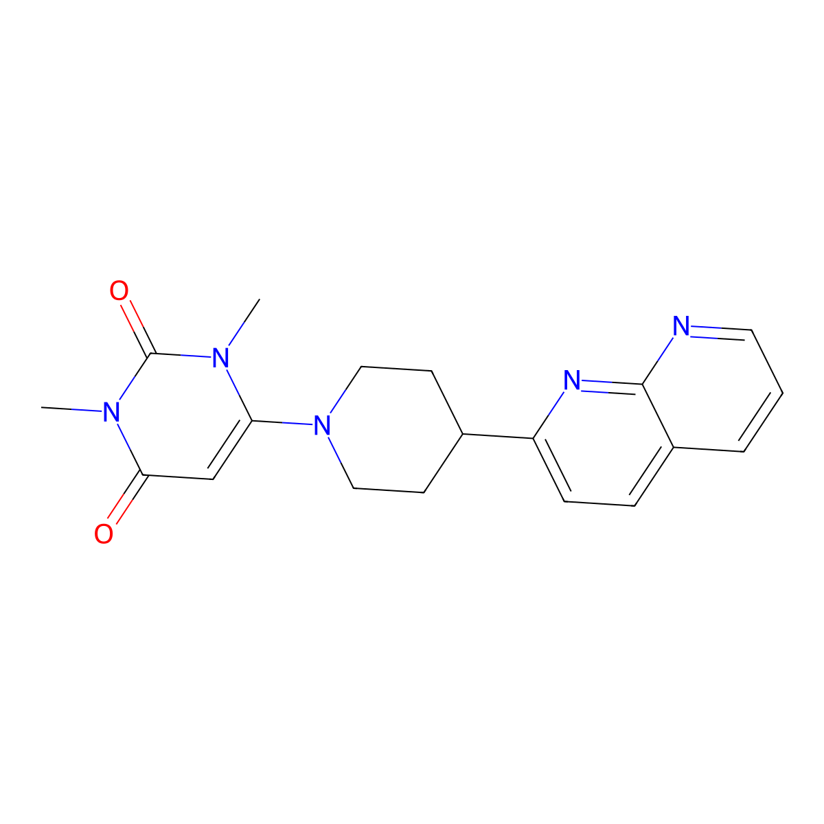 1,3-Dimethyl-6-[4-(1,8-naphthyridin-2-yl)piperidin-1-yl]-1,2,3,4-tetrahydropyrimidine-2,4-dione molecular structure, CAS 2640935-82-4