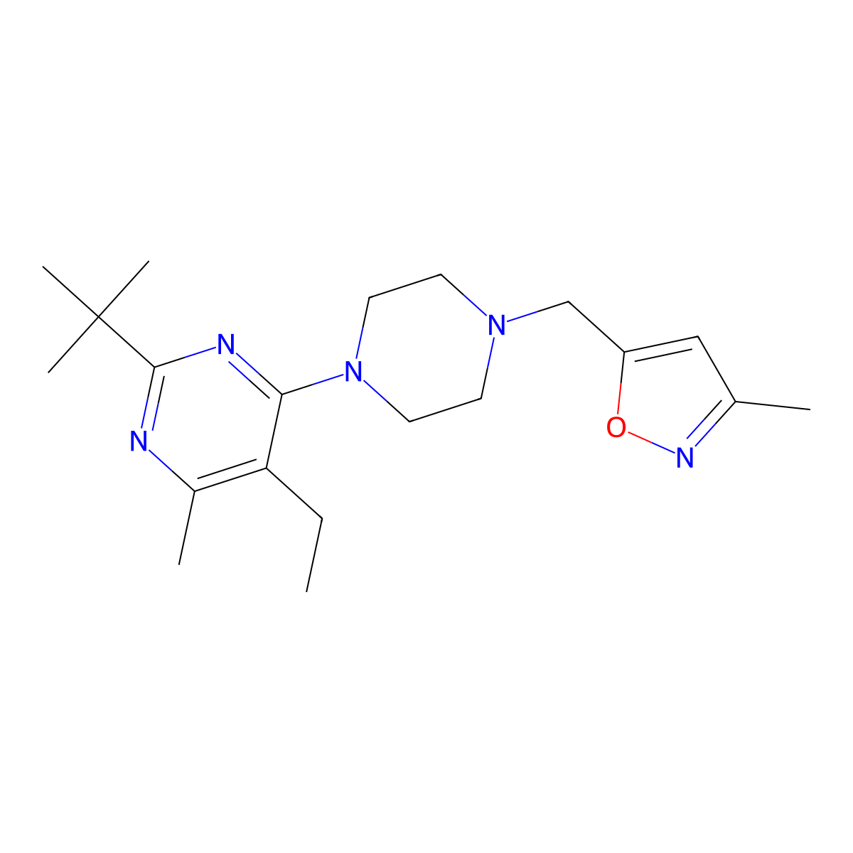 2-Tert-butyl-5-ethyl-4-methyl-6-{4-[(3-methyl-1,2-oxazol-5-yl)methyl]piperazin-1-yl}pyrimidine molecular structure, CAS 2640935-84-6