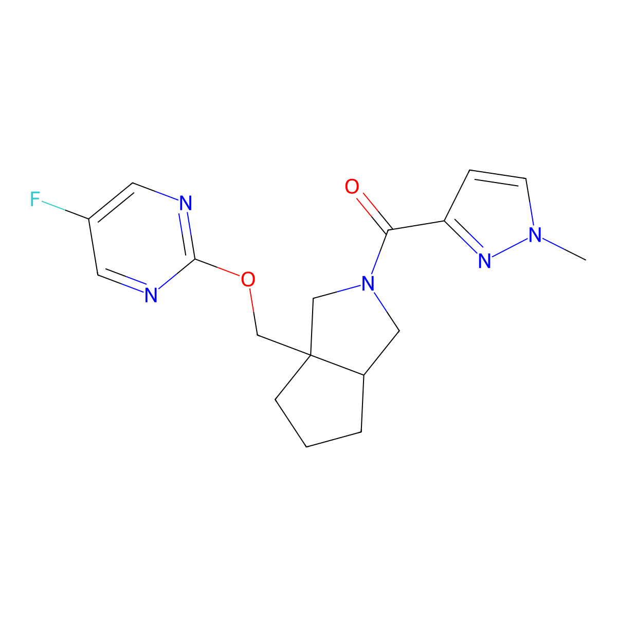 5-fluoro-2-{[2-(1-methyl-1H-pyrazole-3-carbonyl)-octahydrocyclopenta[c]pyrrol-3a-yl]methoxy}pyrimidine molecular structure, CAS 2640935-89-1