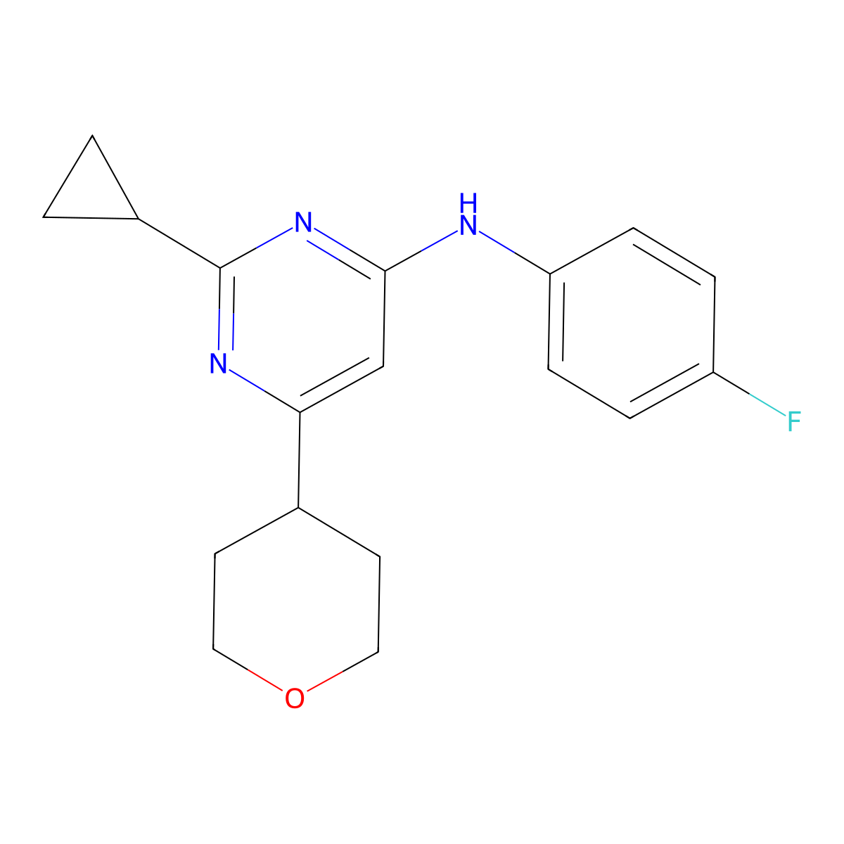 2-cyclopropyl-N-(4-fluorophenyl)-6-(oxan-4-yl)pyrimidin-4-amine molecular structure, CAS 2640935-90-4