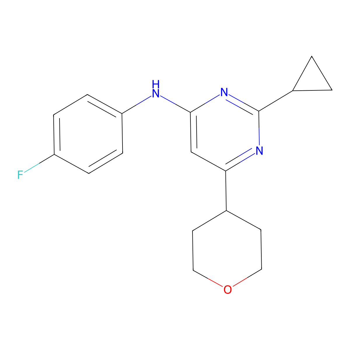 2-cyclopropyl-N-(4-fluorophenyl)-6-(oxan-4-yl)pyrimidin-4-amine molecular structure, CAS 2640935-90-4