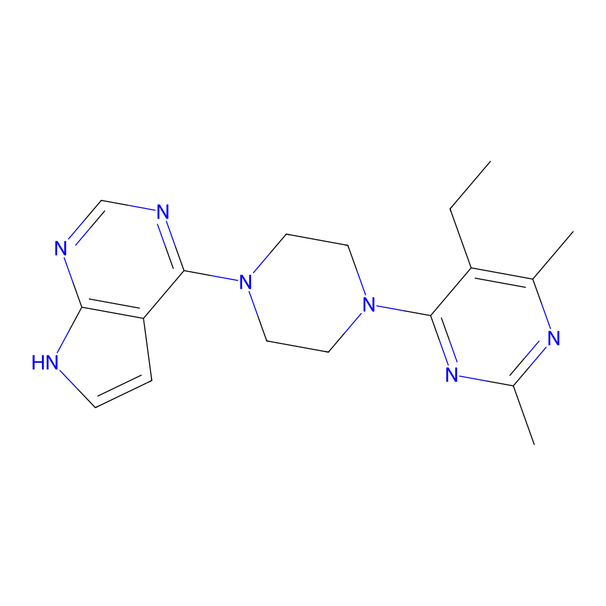 5-ethyl-2,4-dimethyl-6-(4-{7H-pyrrolo[2,3-d]pyrimidin-4-yl}piperazin-1-yl)pyrimidine molecular structure, CAS 2640935-92-6