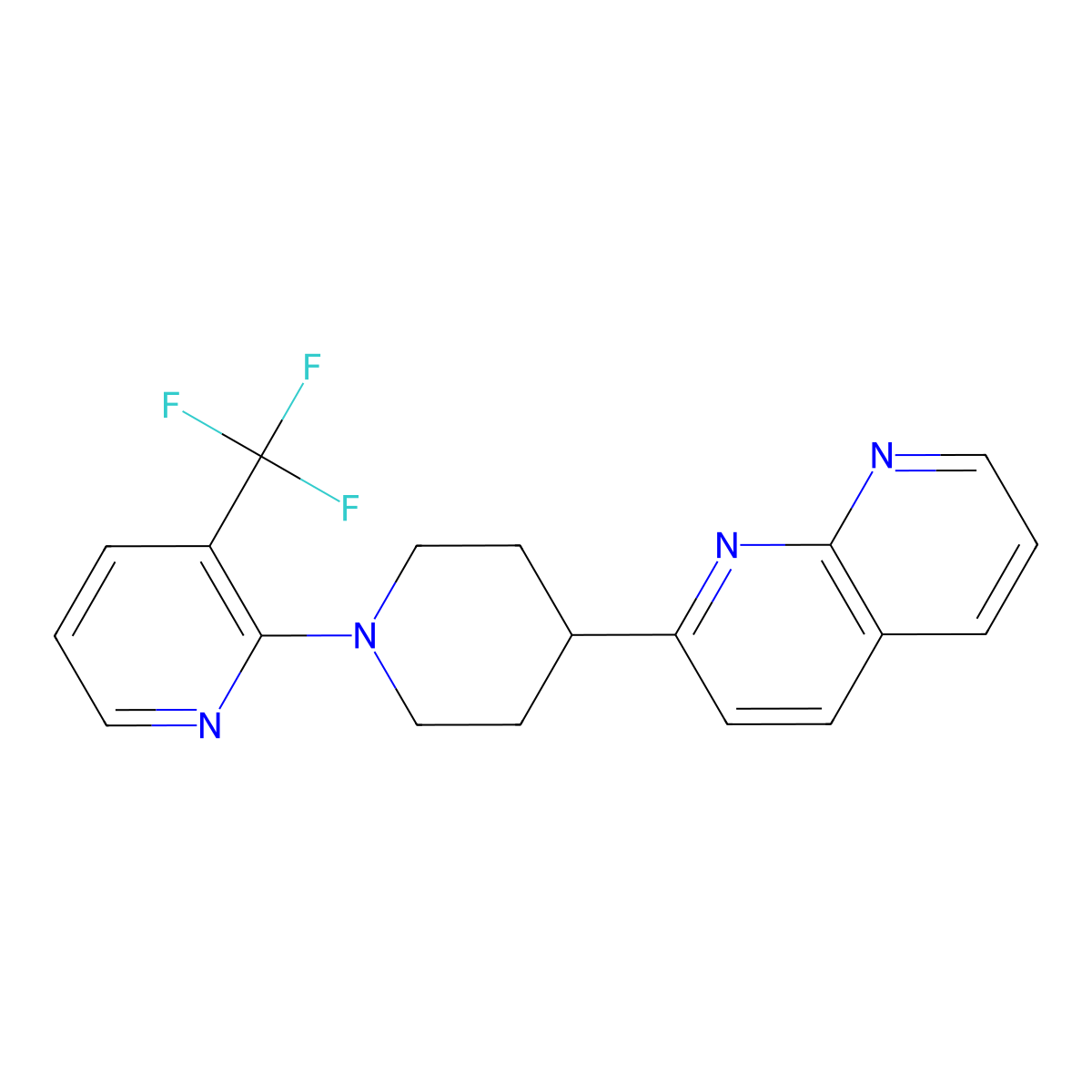 2-{1-[3-(Trifluoromethyl)pyridin-2-yl]piperidin-4-yl}-1,8-naphthyridine molecular structure, CAS 2640935-98-2