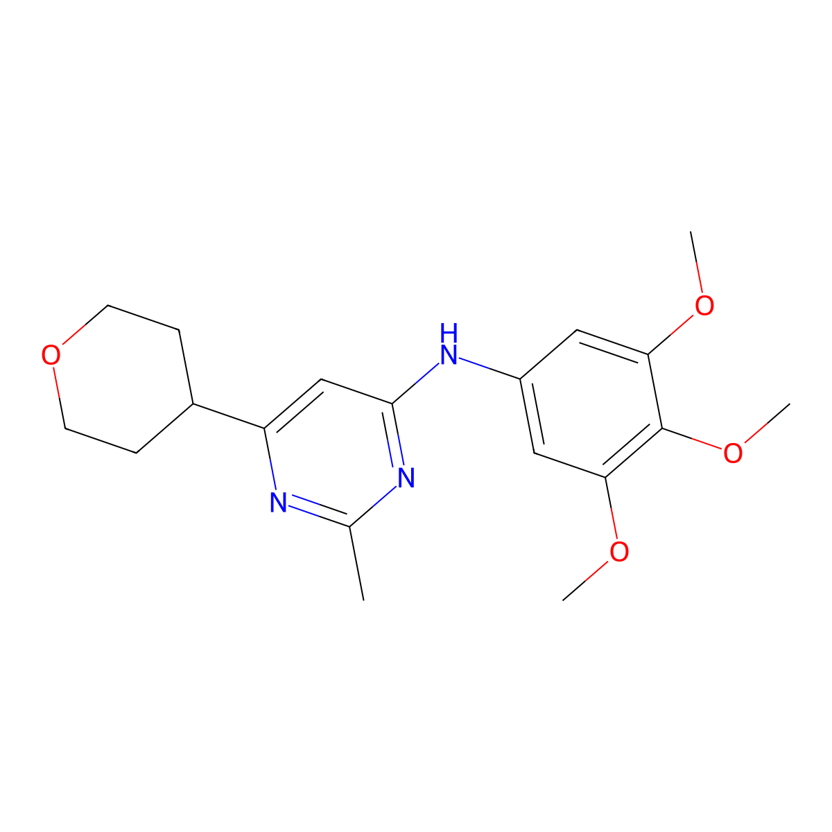 2-methyl-6-(oxan-4-yl)-N-(3,4,5-trimethoxyphenyl)pyrimidin-4-amine molecular structure, CAS 2640936-02-1