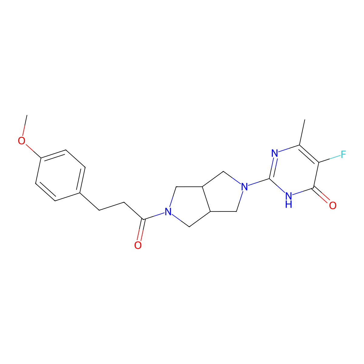 5-Fluoro-2-{5-[3-(4-methoxyphenyl)propanoyl]-octahydropyrrolo[3,4-c]pyrrol-2-yl}-6-methyl-3,4-dihydropyrimidin-4-one molecular structure, CAS 2640936-05-4