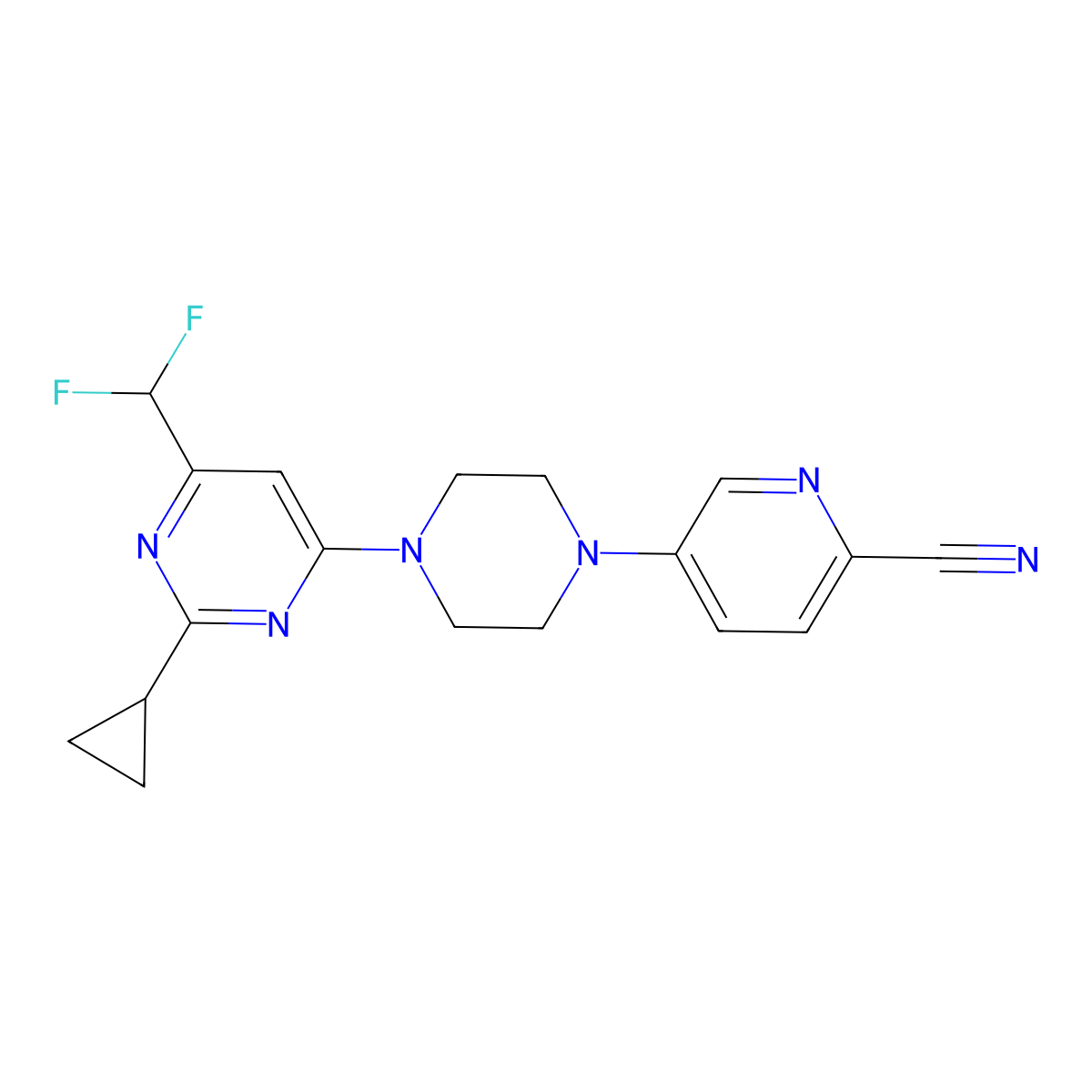 5-{4-[2-Cyclopropyl-6-(difluoromethyl)pyrimidin-4-yl]piperazin-1-yl}pyridine-2-carbonitrile molecular structure, CAS 2640943-39-9