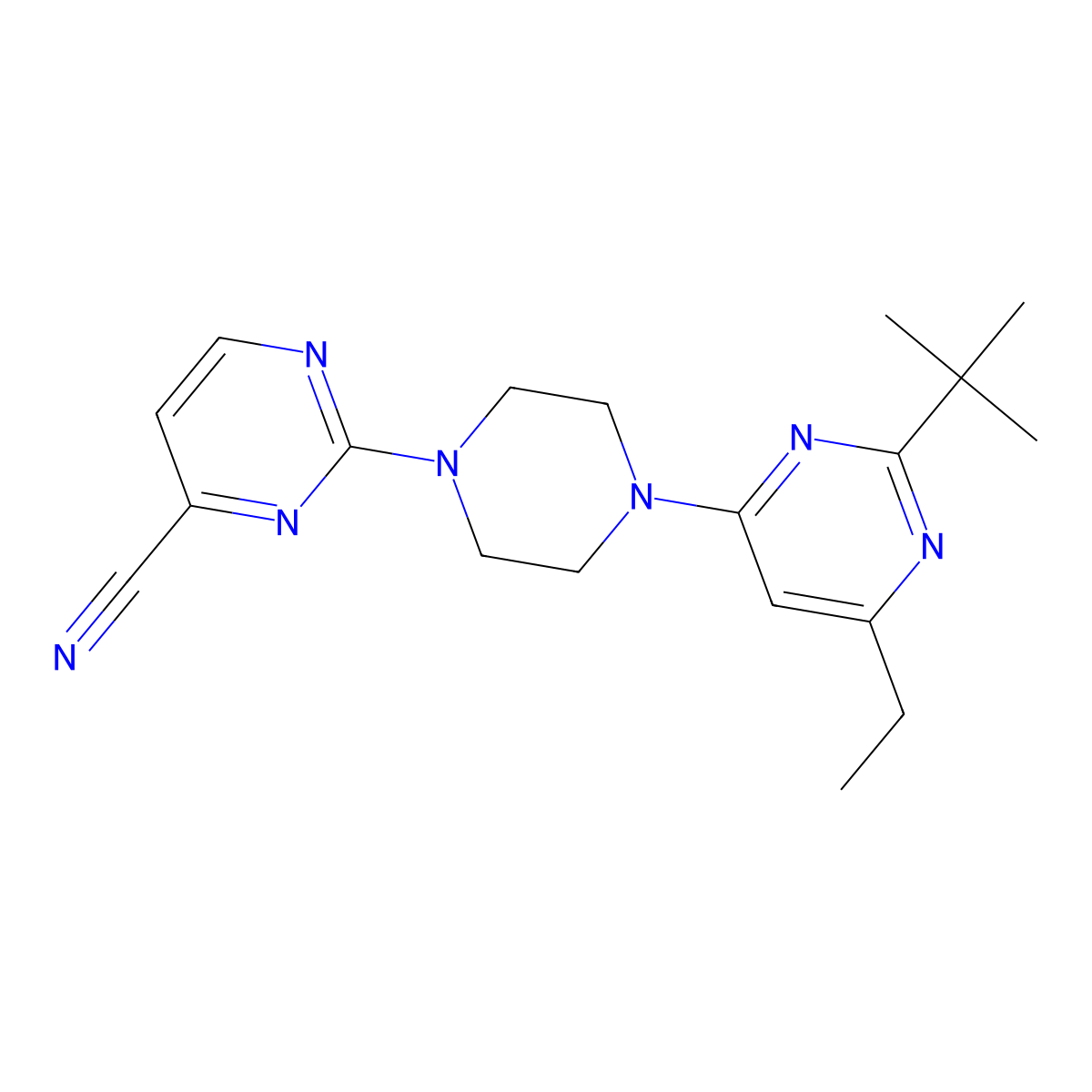 2-[4-(2-Tert-butyl-6-ethylpyrimidin-4-yl)piperazin-1-yl]pyrimidine-4-carbonitrile molecular structure, CAS 2640943-40-2