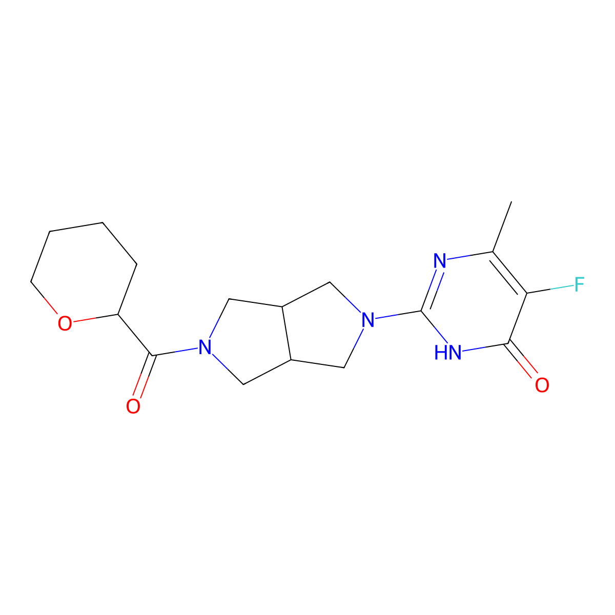 5-Fluoro-6-methyl-2-[5-(oxane-2-carbonyl)-octahydropyrrolo[3,4-c]pyrrol-2-yl]-3,4-dihydropyrimidin-4-one molecular structure, CAS 2640943-43-5