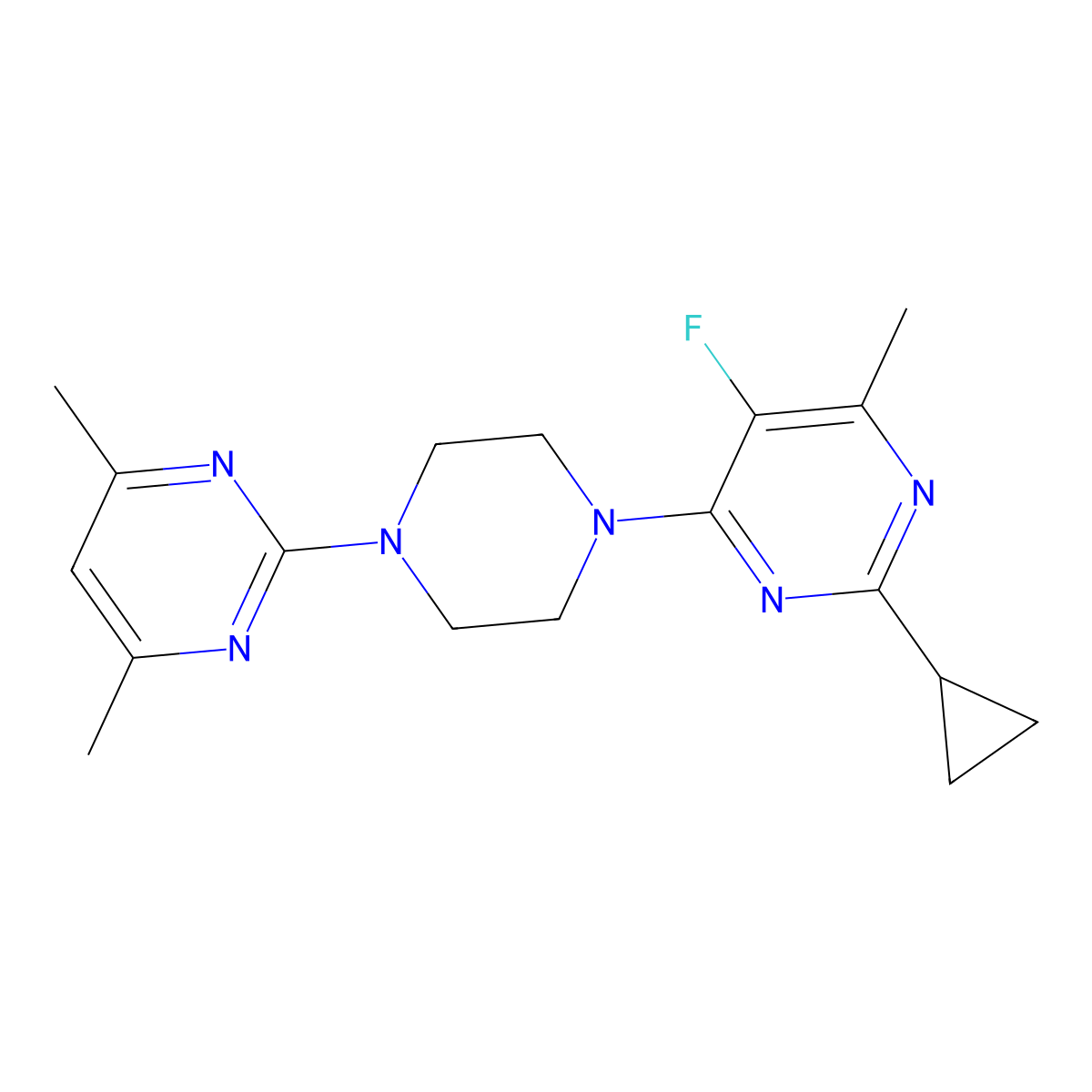 2-Cyclopropyl-4-[4-(4,6-dimethylpyrimidin-2-yl)piperazin-1-yl]-5-fluoro-6-methylpyrimidine molecular structure, CAS 2640943-46-8