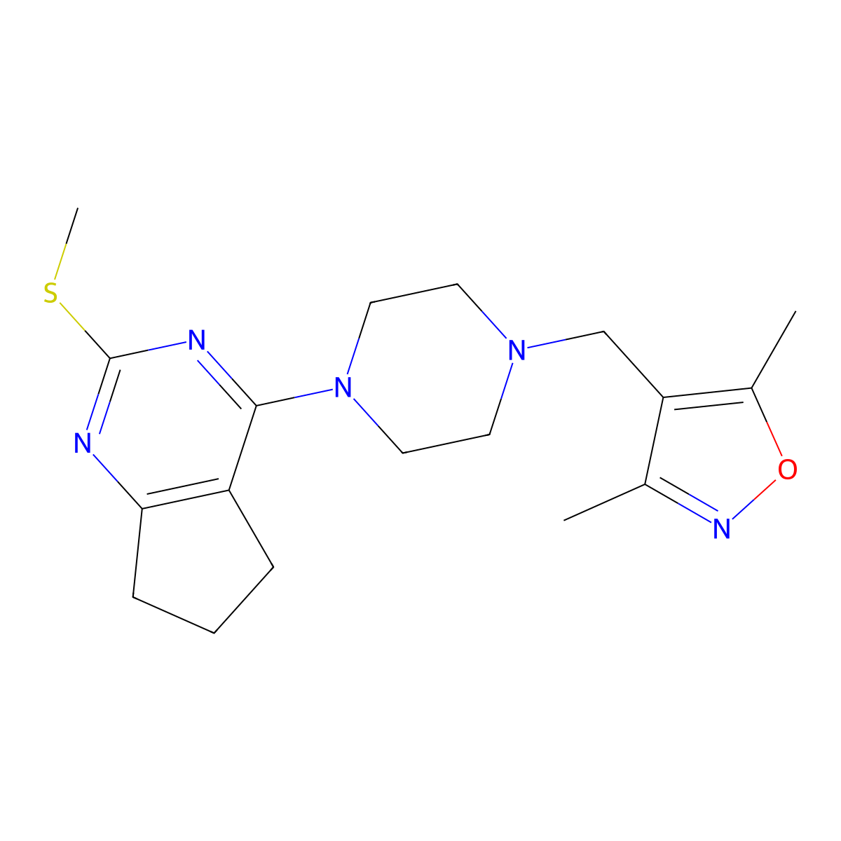 1-[(3,5-dimethyl-1,2-oxazol-4-yl)methyl]-4-[2-(methylsulfanyl)-5H,6H,7H-cyclopenta[d]pyrimidin-4-yl]piperazine molecular structure, CAS 2640943-47-9