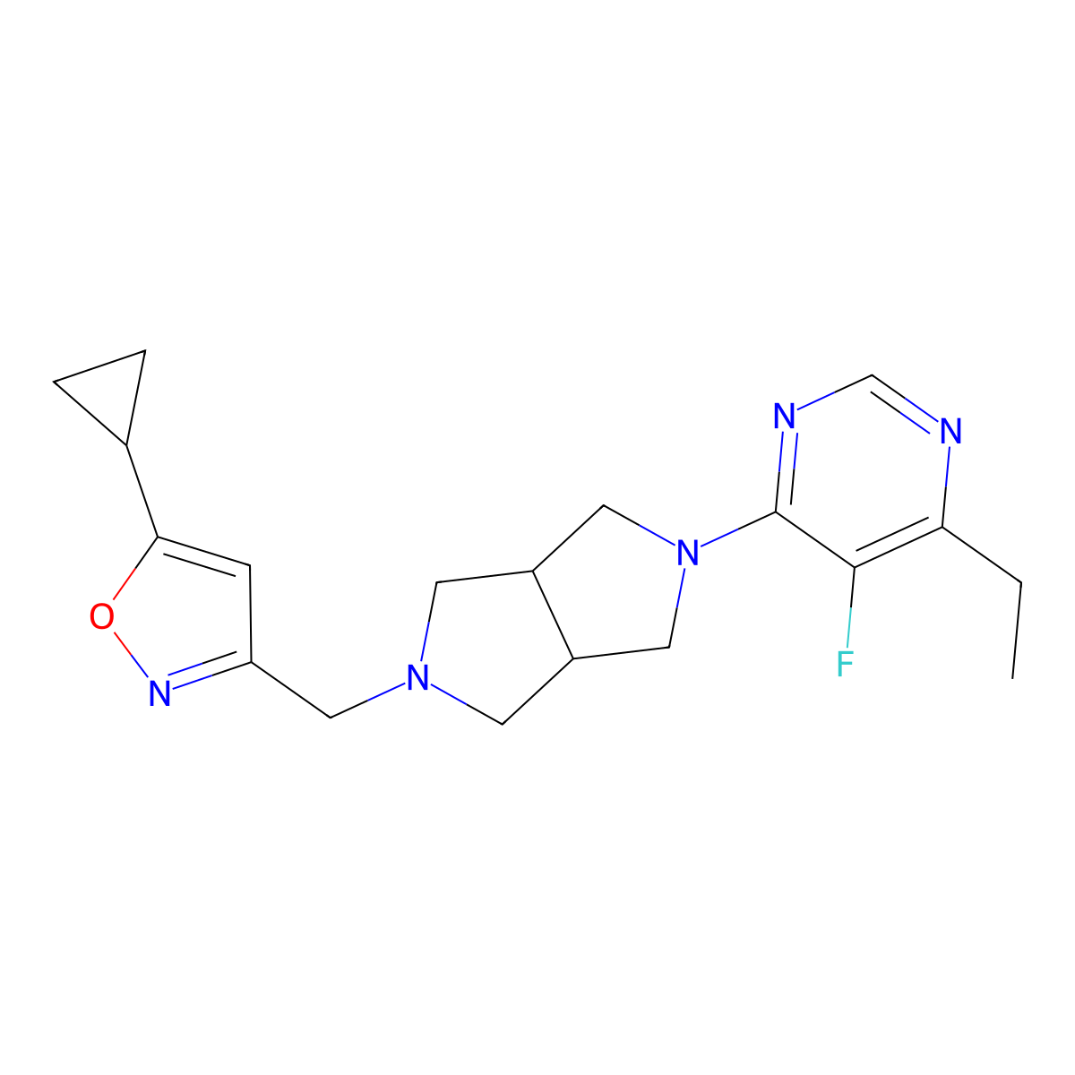 4-{5-[(5-Cyclopropyl-1,2-oxazol-3-yl)methyl]-octahydropyrrolo[3,4-c]pyrrol-2-yl}-6-ethyl-5-fluoropyrimidine molecular structure, CAS 2640943-50-4