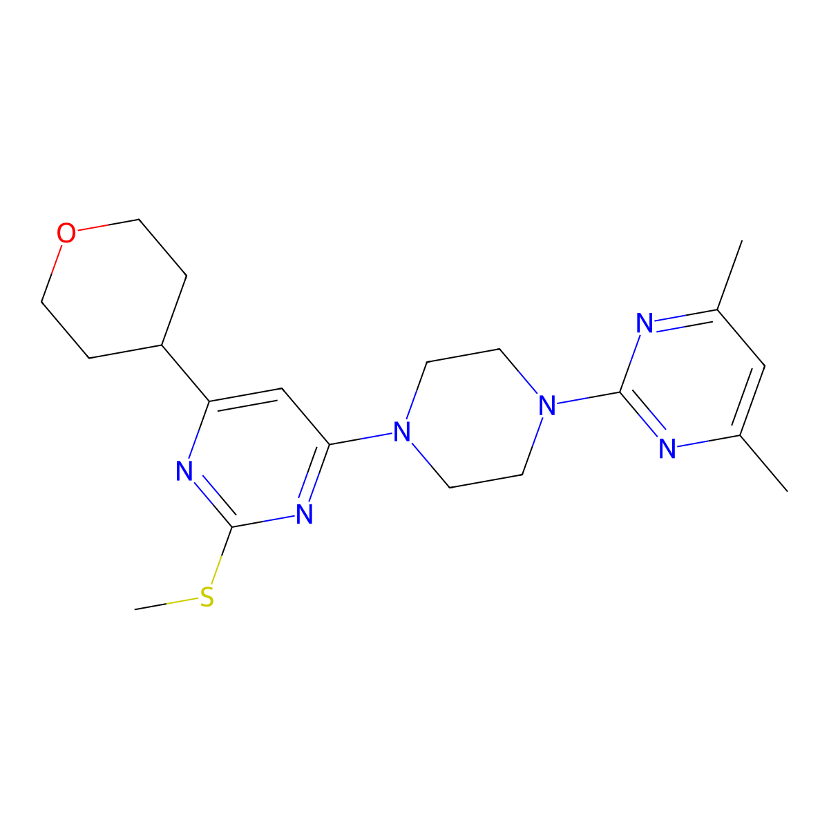 4-[4-(4,6-Dimethylpyrimidin-2-yl)piperazin-1-yl]-2-(methylsulfanyl)-6-(oxan-4-yl)pyrimidine molecular structure, CAS 2640943-52-6