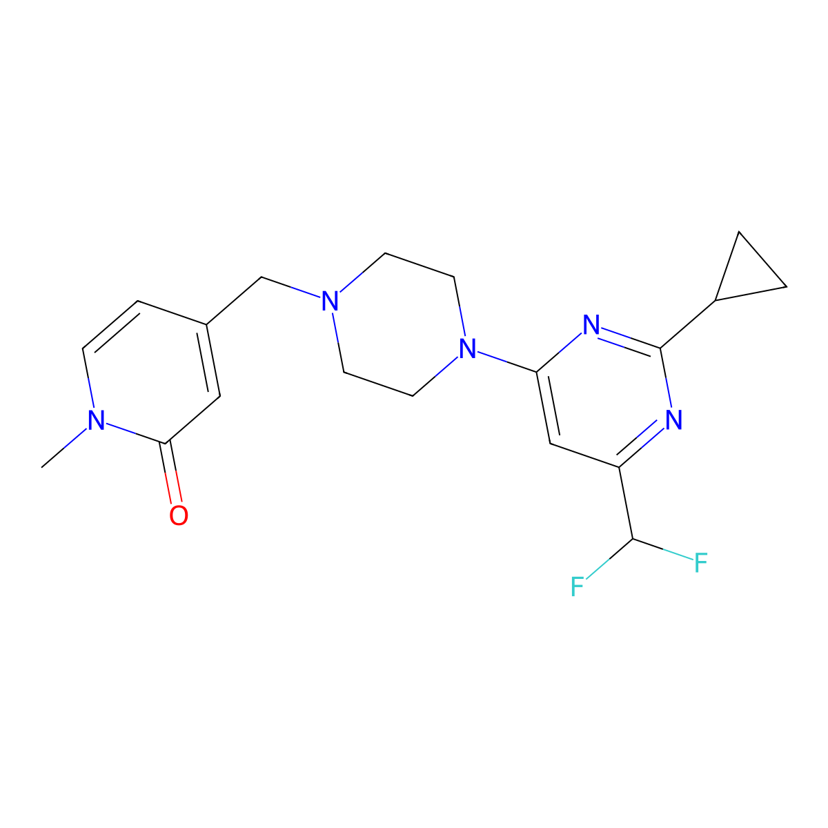 4-({4-[2-Cyclopropyl-6-(difluoromethyl)pyrimidin-4-yl]piperazin-1-yl}methyl)-1-methyl-1,2-dihydropyridin-2-one molecular structure, CAS 2640943-60-6