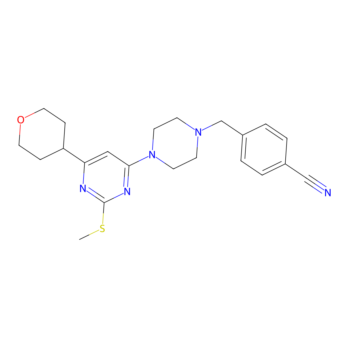 4-({4-[2-(Methylsulfanyl)-6-(oxan-4-yl)pyrimidin-4-yl]piperazin-1-yl}methyl)benzonitrile molecular structure, CAS 2640943-61-7