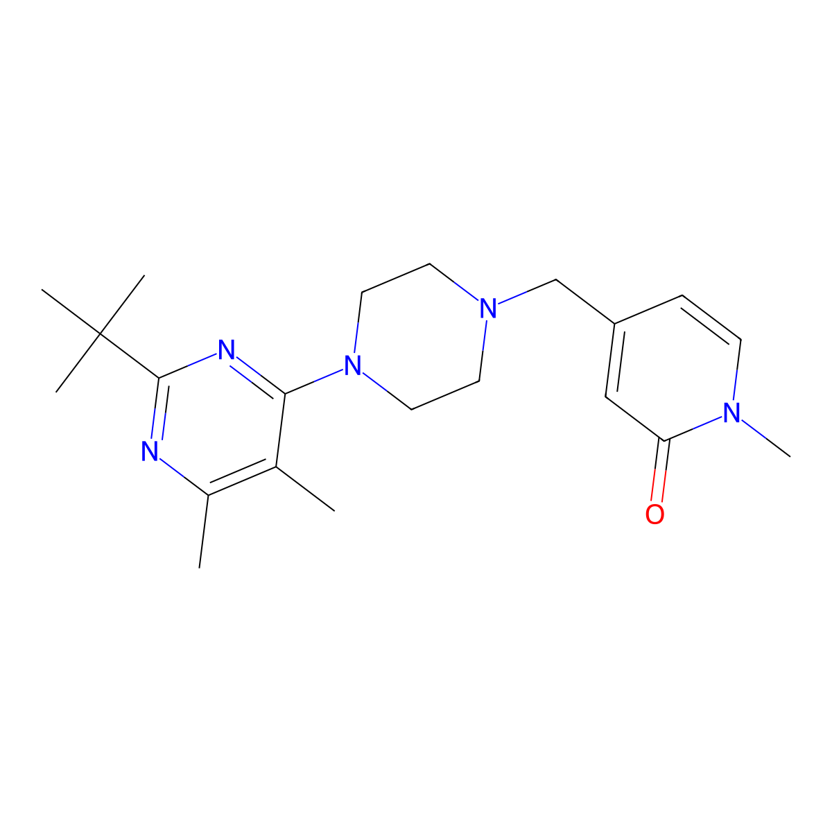 4-{[4-(2-Tert-butyl-5,6-dimethylpyrimidin-4-yl)piperazin-1-yl]methyl}-1-methyl-1,2-dihydropyridin-2-one molecular structure, CAS 2640943-64-0