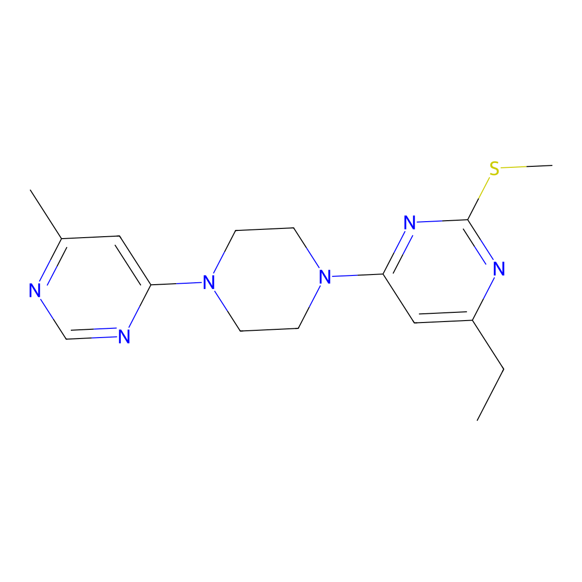 4-Ethyl-6-[4-(6-methylpyrimidin-4-yl)piperazin-1-yl]-2-(methylsulfanyl)pyrimidine molecular structure, CAS 2640943-65-1