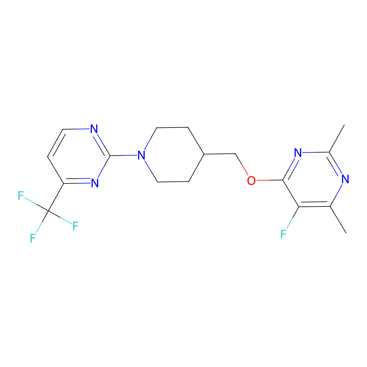 5-Fluoro-2,4-dimethyl-6-({1-[4-(trifluoromethyl)pyrimidin-2-yl]piperidin-4-yl}methoxy)pyrimidine molecular structure, CAS 2640943-68-4