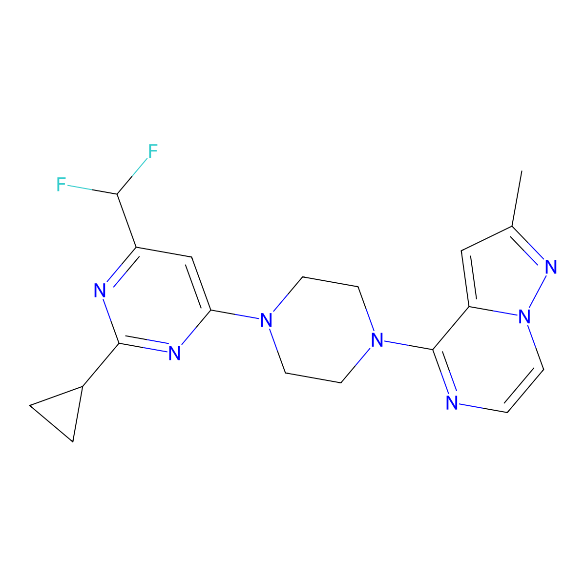 2-Cyclopropyl-4-(difluoromethyl)-6-(4-{2-methylpyrazolo[1,5-a]pyrazin-4-yl}piperazin-1-yl)pyrimidine molecular structure, CAS 2640943-71-9