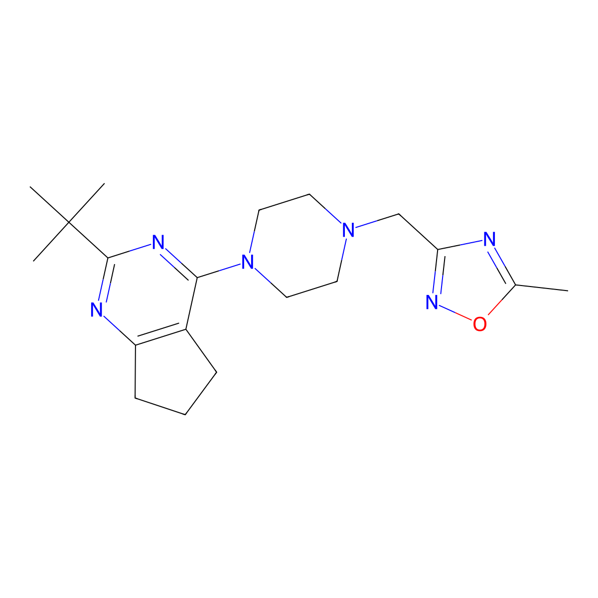1-{2-tert-butyl-5H,6H,7H-cyclopenta[d]pyrimidin-4-yl}-4-[(5-methyl-1,2,4-oxadiazol-3-yl)methyl]piperazine molecular structure, CAS 2640943-72-0
