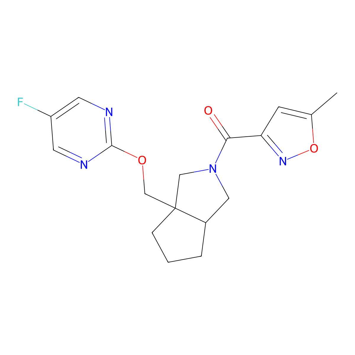 5-Fluoro-2-{[2-(5-methyl-1,2-oxazole-3-carbonyl)-octahydrocyclopenta[c]pyrrol-3a-yl]methoxy}pyrimidine molecular structure, CAS 2640943-76-4