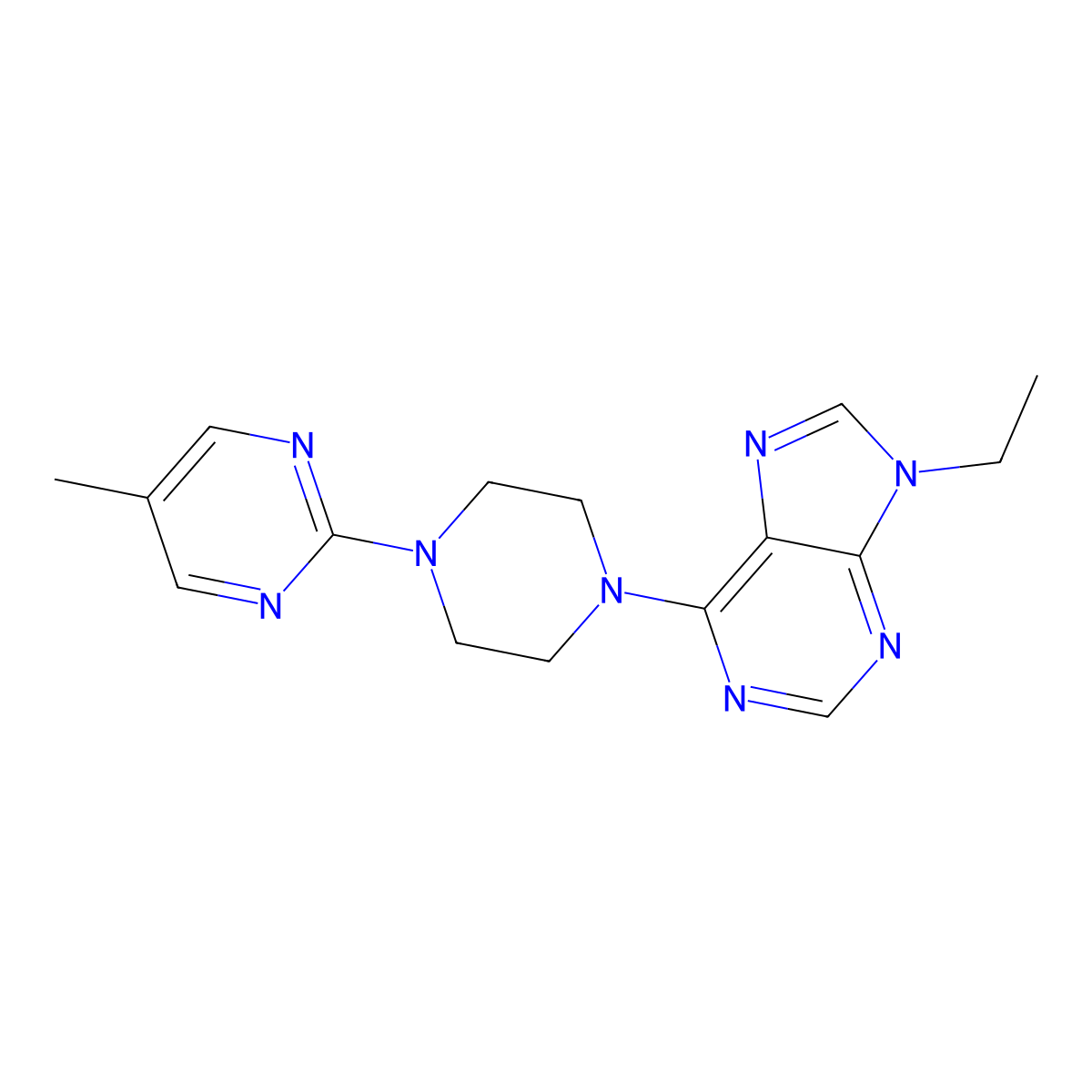 9-ethyl-6-[4-(5-methylpyrimidin-2-yl)piperazin-1-yl]-9H-purine molecular structure, CAS 2640943-78-6