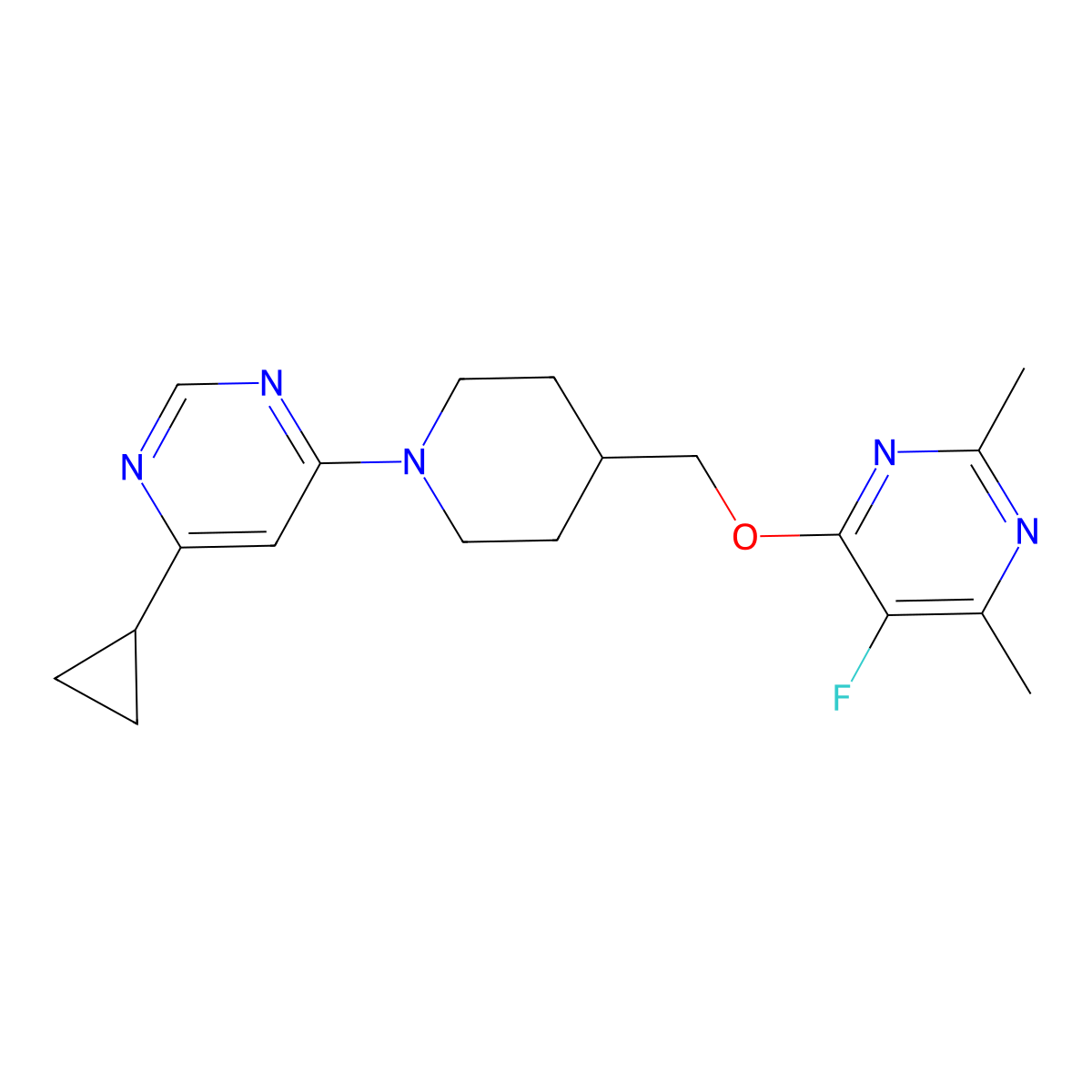 4-{[1-(6-Cyclopropylpyrimidin-4-yl)piperidin-4-yl]methoxy}-5-fluoro-2,6-dimethylpyrimidine molecular structure, CAS 2640943-80-0