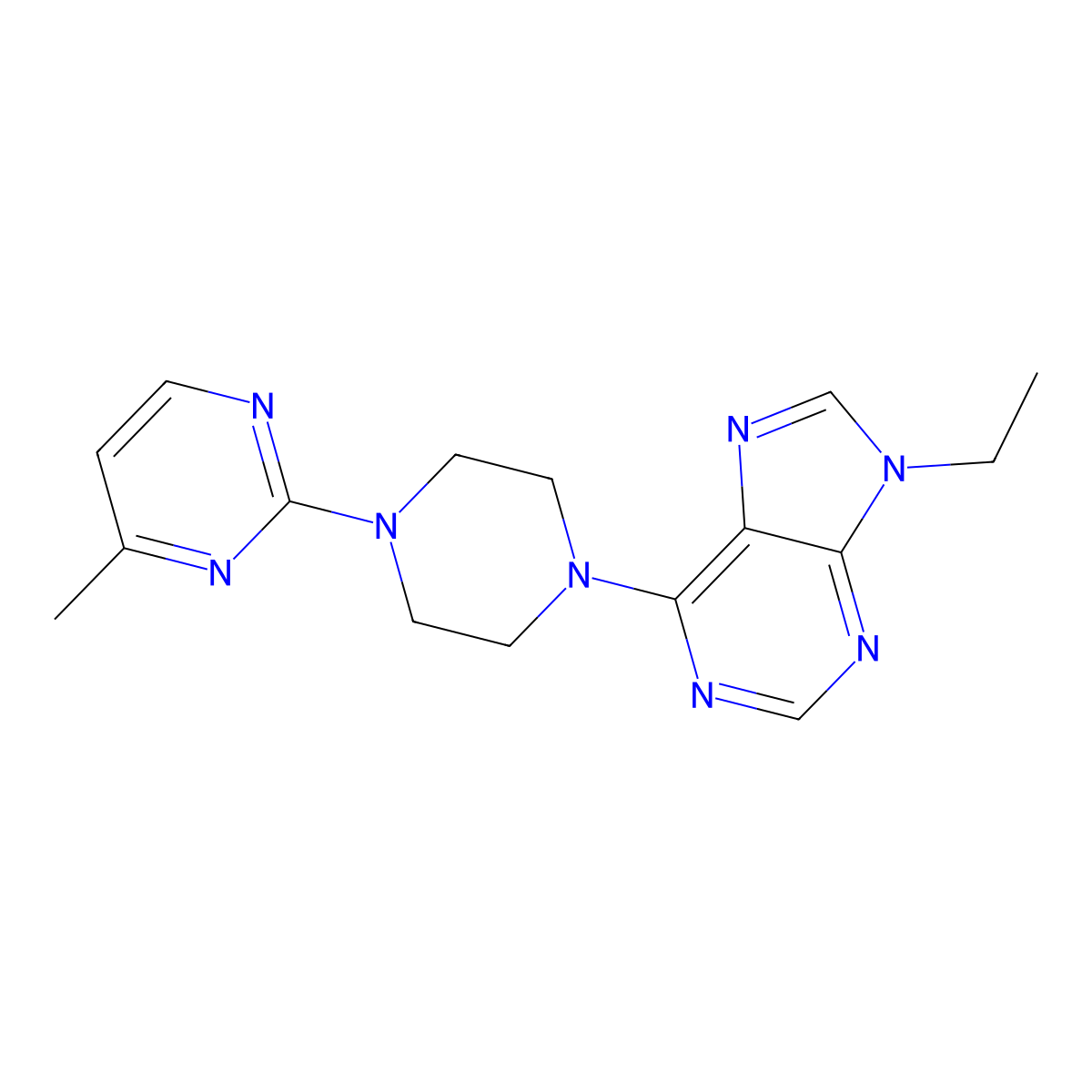 9-ethyl-6-[4-(4-methylpyrimidin-2-yl)piperazin-1-yl]-9H-purine molecular structure, CAS 2640943-81-1