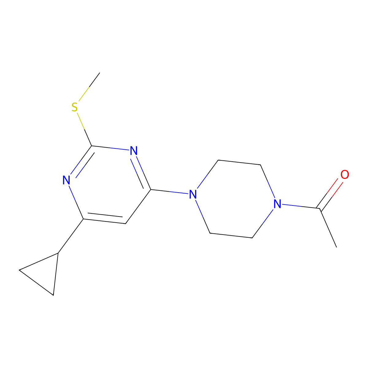 1-{4-[6-Cyclopropyl-2-(methylsulfanyl)pyrimidin-4-yl]piperazin-1-yl}ethan-1-one molecular structure, CAS 2640943-82-2