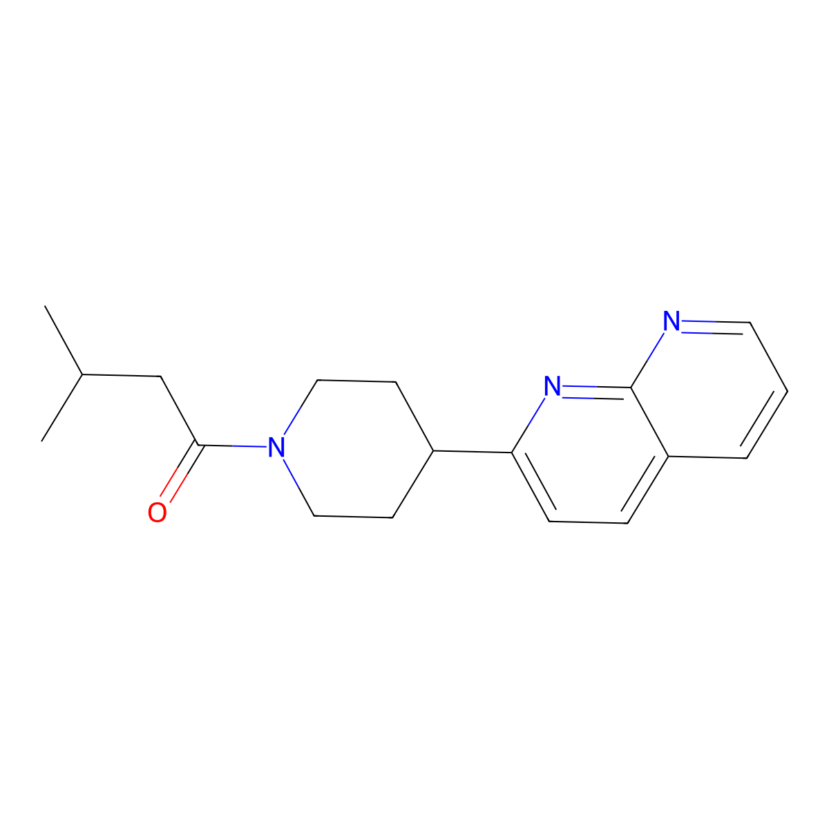 3-Methyl-1-[4-(1,8-naphthyridin-2-yl)piperidin-1-yl]butan-1-one molecular structure, CAS 2640943-87-7