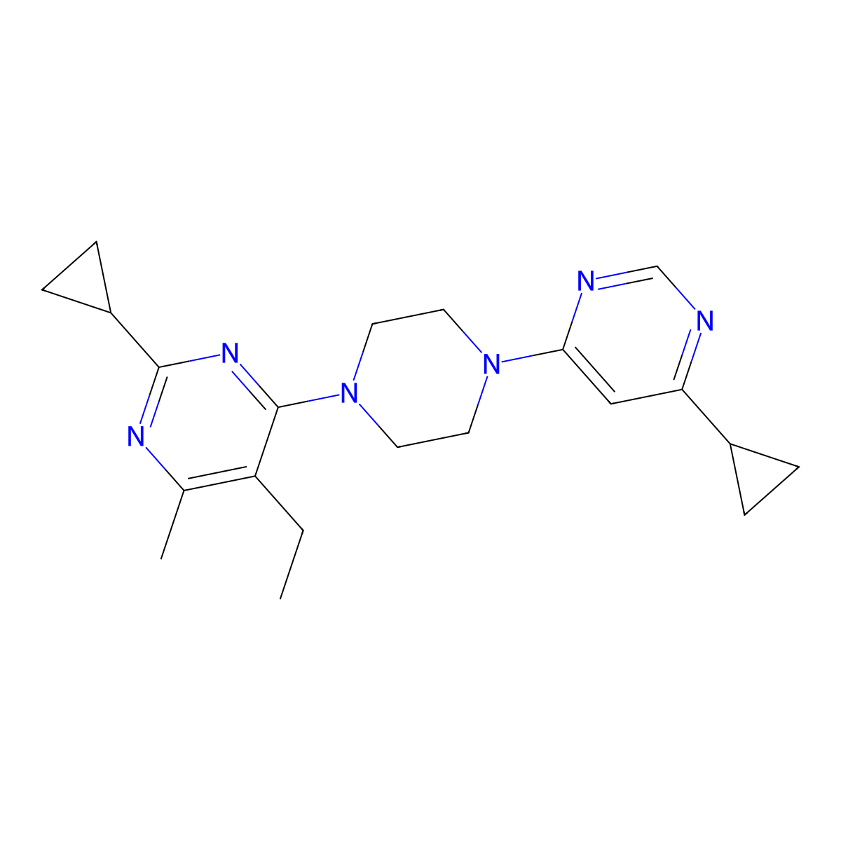 2-Cyclopropyl-4-[4-(6-cyclopropylpyrimidin-4-yl)piperazin-1-yl]-5-ethyl-6-methylpyrimidine molecular structure, CAS 2640943-88-8