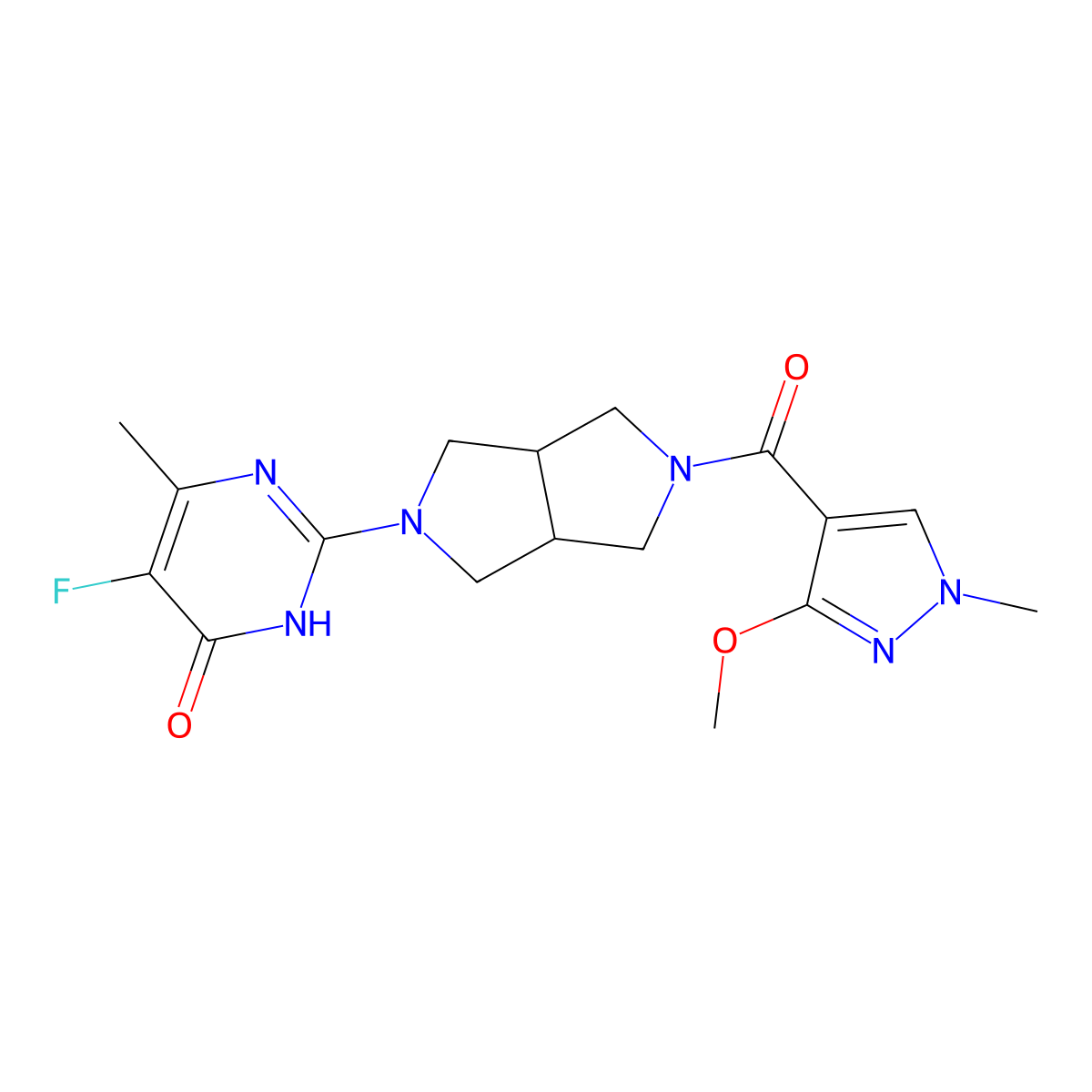 5-fluoro-2-[5-(3-methoxy-1-methyl-1H-pyrazole-4-carbonyl)-octahydropyrrolo[3,4-c]pyrrol-2-yl]-6-methyl-3,4-dihydropyrimidin-4-one molecular structure, CAS 2640944-03-0