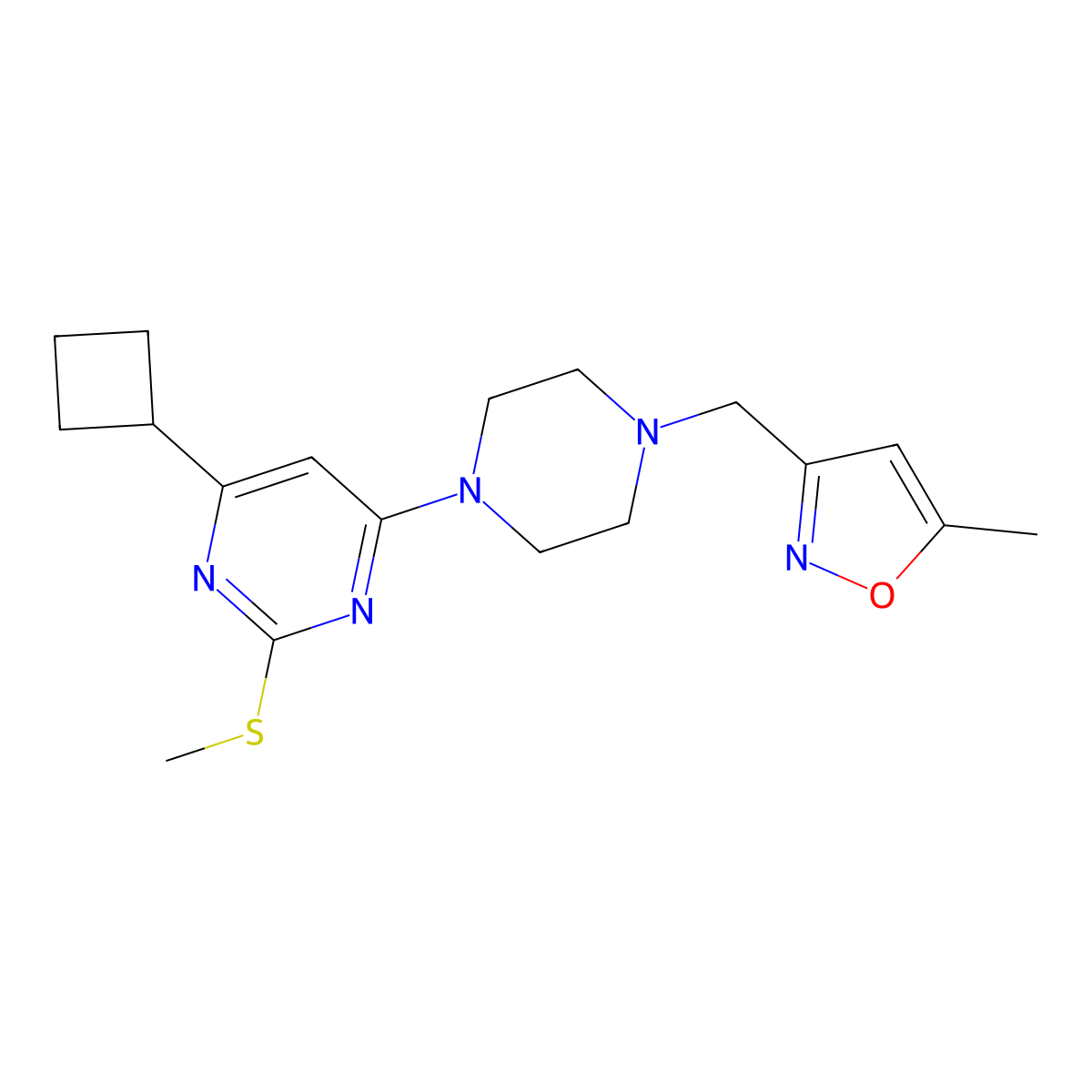 4-Cyclobutyl-6-{4-[(5-methyl-1,2-oxazol-3-yl)methyl]piperazin-1-yl}-2-(methylsulfanyl)pyrimidine molecular structure, CAS 2640944-10-9