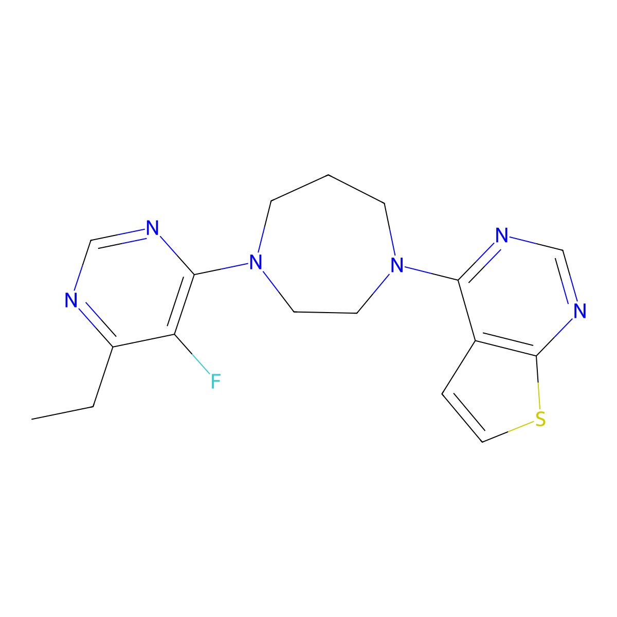 1-(6-Ethyl-5-fluoropyrimidin-4-yl)-4-{thieno[2,3-d]pyrimidin-4-yl}-1,4-diazepane molecular structure, CAS 2640944-13-2