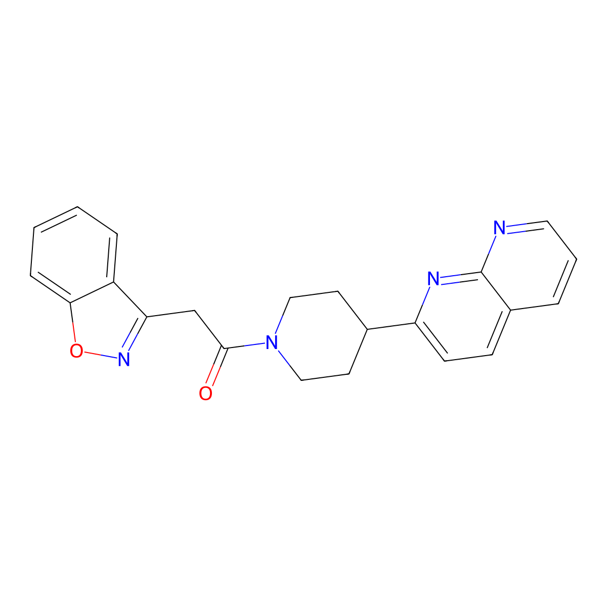 2-(1,2-Benzoxazol-3-yl)-1-[4-(1,8-naphthyridin-2-yl)piperidin-1-yl]ethan-1-one molecular structure, CAS 2640944-14-3