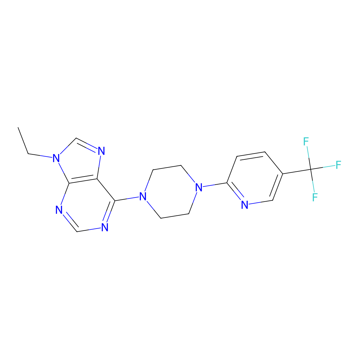 9-ethyl-6-{4-[5-(trifluoromethyl)pyridin-2-yl]piperazin-1-yl}-9H-purine molecular structure, CAS 2640944-22-3