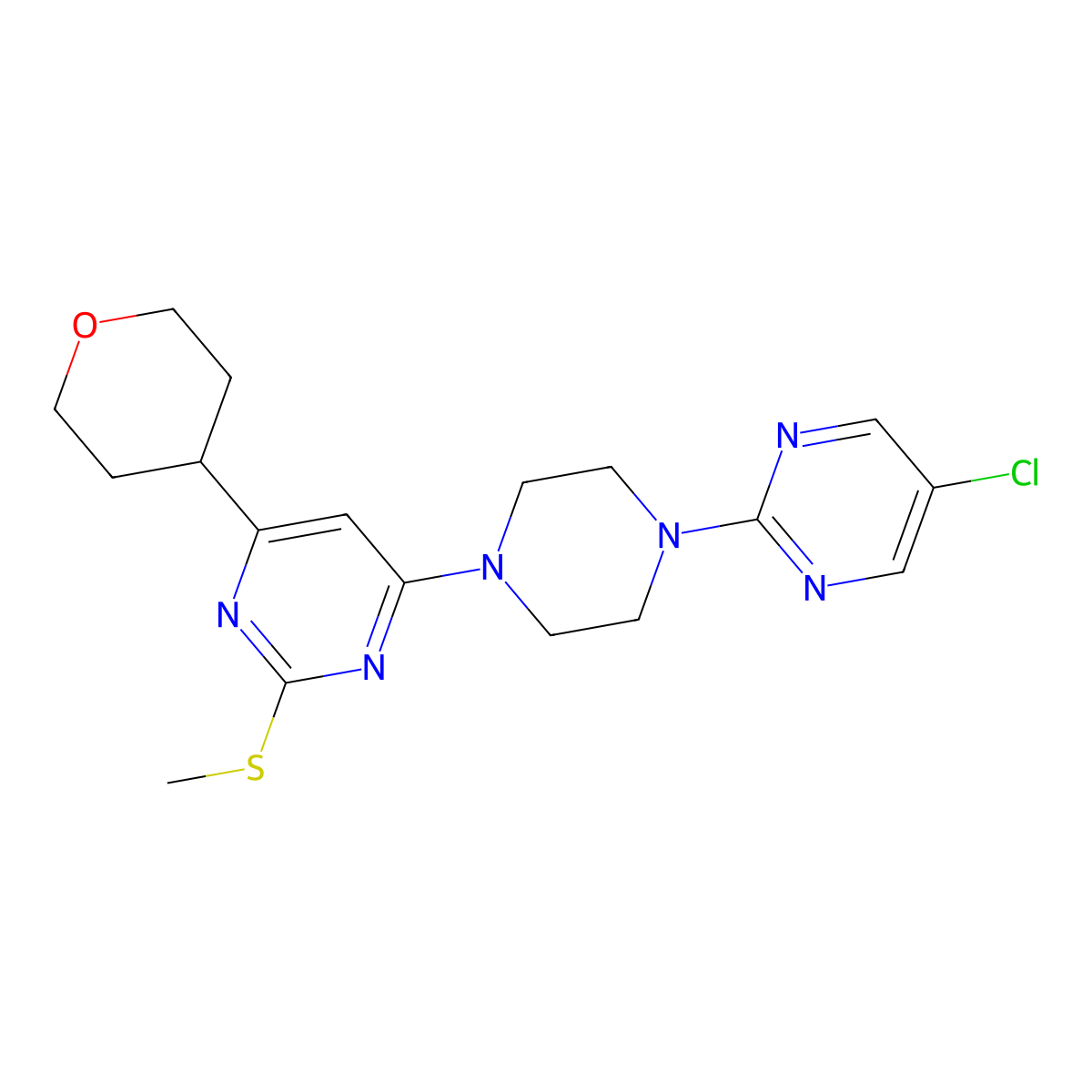 4-[4-(5-Chloropyrimidin-2-yl)piperazin-1-yl]-2-(methylsulfanyl)-6-(oxan-4-yl)pyrimidine molecular structure, CAS 2640944-25-6