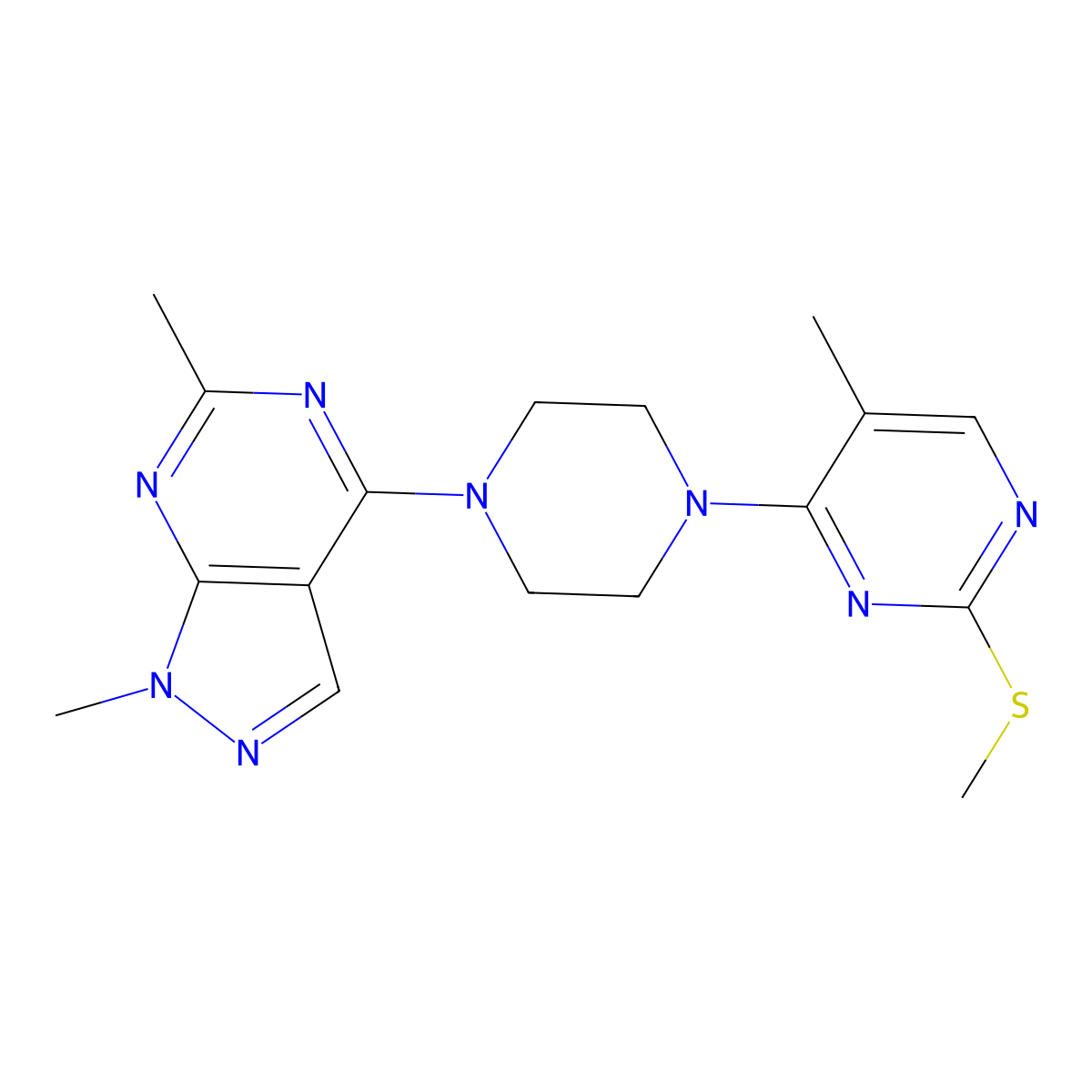 4-(4-{1,6-dimethyl-1H-pyrazolo[3,4-d]pyrimidin-4-yl}piperazin-1-yl)-5-methyl-2-(methylsulfanyl)pyrimidine molecular structure, CAS 2640944-28-9