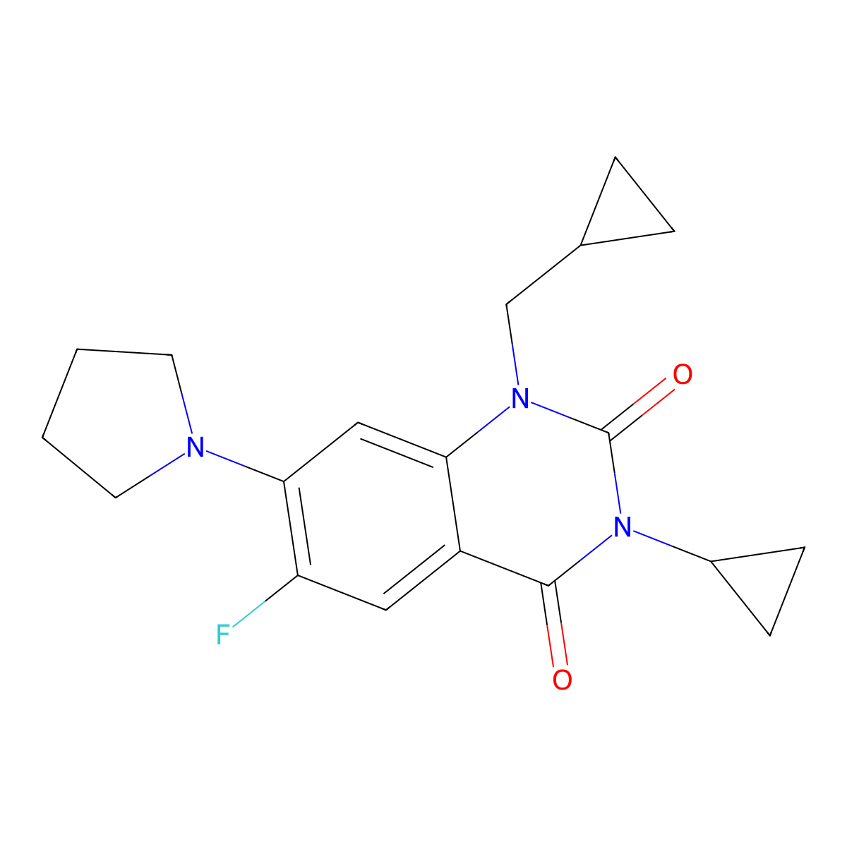 3-Cyclopropyl-1-(cyclopropylmethyl)-6-fluoro-7-(pyrrolidin-1-yl)-1,2,3,4-tetrahydroquinazoline-2,4-dione molecular structure, CAS 2640944-33-6