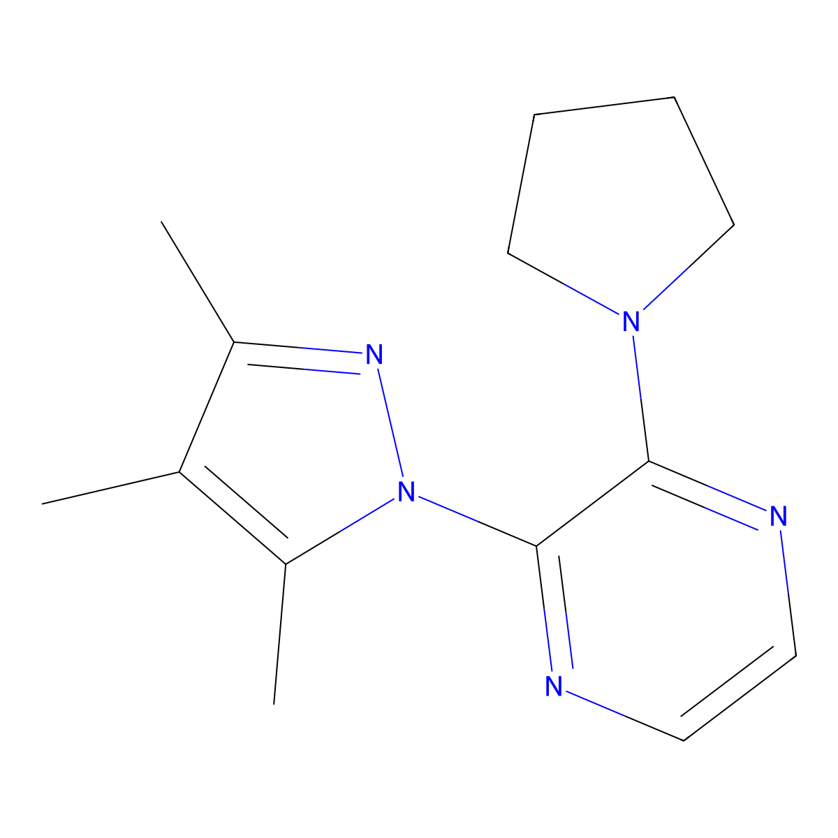 2-(pyrrolidin-1-yl)-3-(3,4,5-trimethyl-1H-pyrazol-1-yl)pyrazine molecular structure, CAS 2640944-35-8