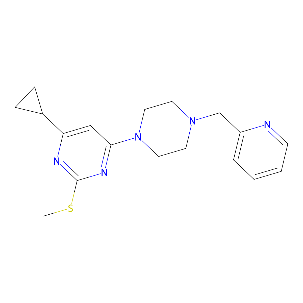 4-Cyclopropyl-2-(methylsulfanyl)-6-{4-[(pyridin-2-yl)methyl]piperazin-1-yl}pyrimidine molecular structure, CAS 2640944-36-9