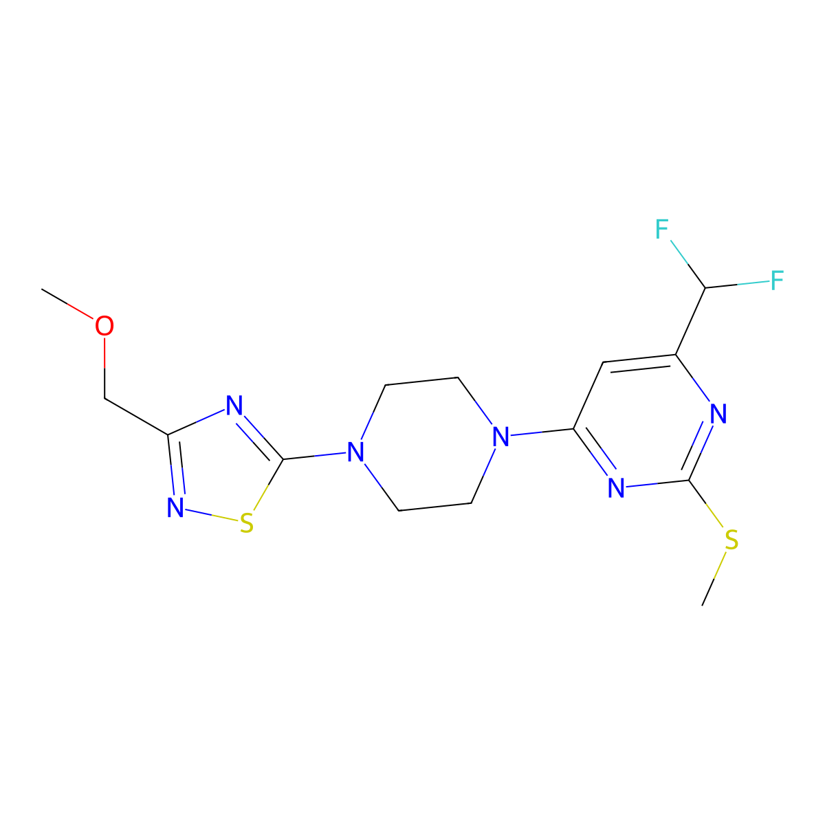 4-(Difluoromethyl)-6-{4-[3-(methoxymethyl)-1,2,4-thiadiazol-5-yl]piperazin-1-yl}-2-(methylsulfanyl)pyrimidine molecular structure, CAS 2640944-37-0