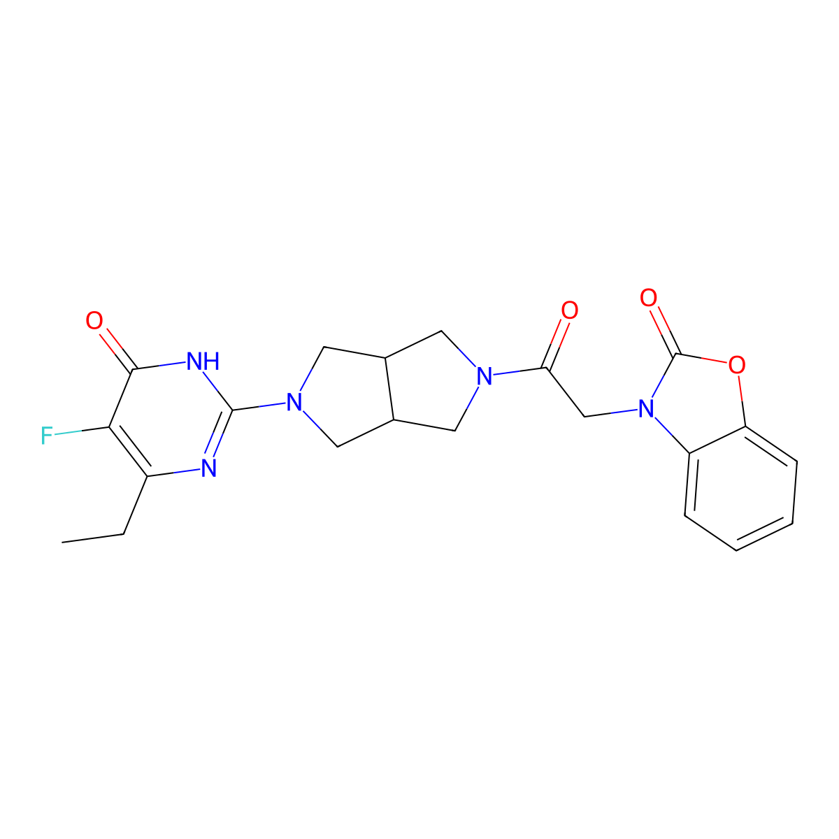 3-{2-[5-(4-Ethyl-5-fluoro-6-oxo-1,6-dihydropyrimidin-2-yl)-octahydropyrrolo[3,4-c]pyrrol-2-yl]-2-oxoethyl}-2,3-dihydro-1,3-benzoxazol-2-one molecular structure, CAS 2640944-38-1