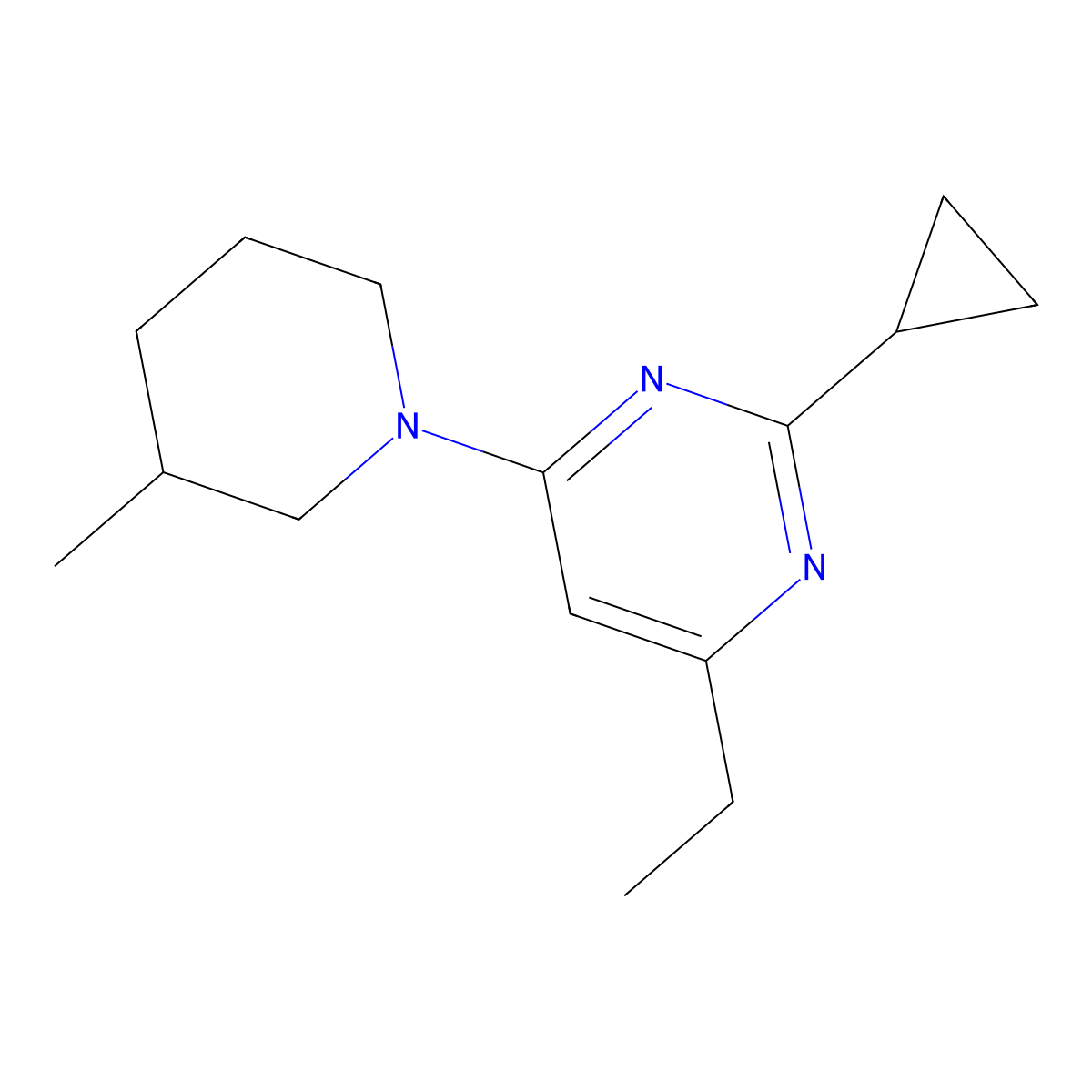 2-Cyclopropyl-4-ethyl-6-(3-methylpiperidin-1-yl)pyrimidine molecular structure, CAS 2640944-39-2