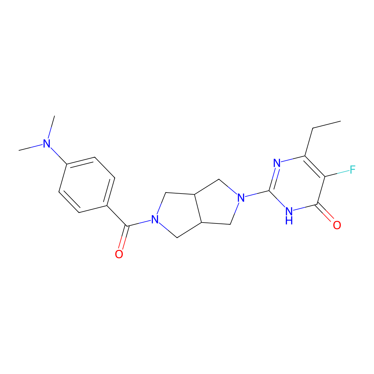 2-{5-[4-(Dimethylamino)benzoyl]-octahydropyrrolo[3,4-c]pyrrol-2-yl}-6-ethyl-5-fluoro-3,4-dihydropyrimidin-4-one molecular structure, CAS 2640944-41-6