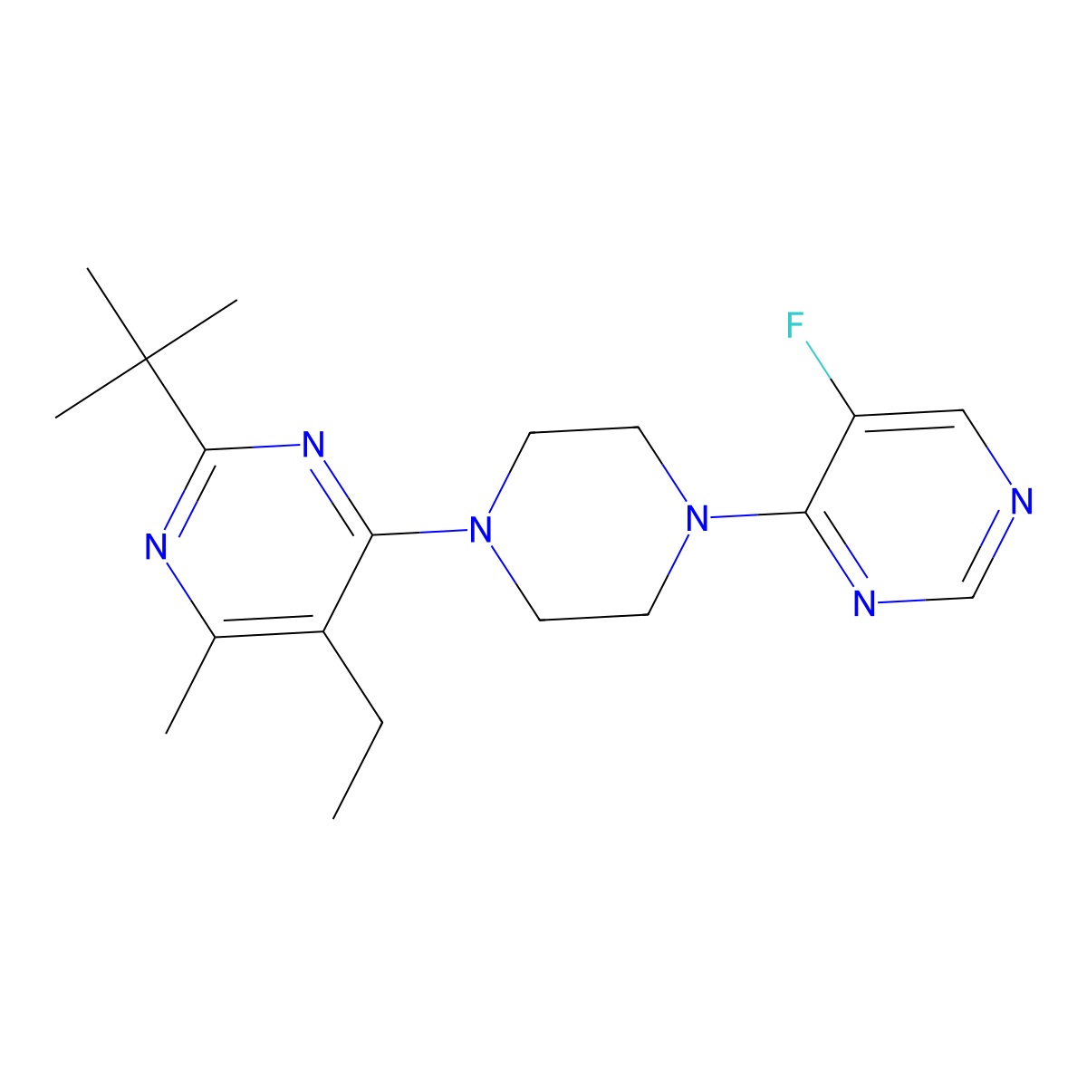 2-Tert-butyl-5-ethyl-4-[4-(5-fluoropyrimidin-4-yl)piperazin-1-yl]-6-methylpyrimidine molecular structure, CAS 2640944-42-7
